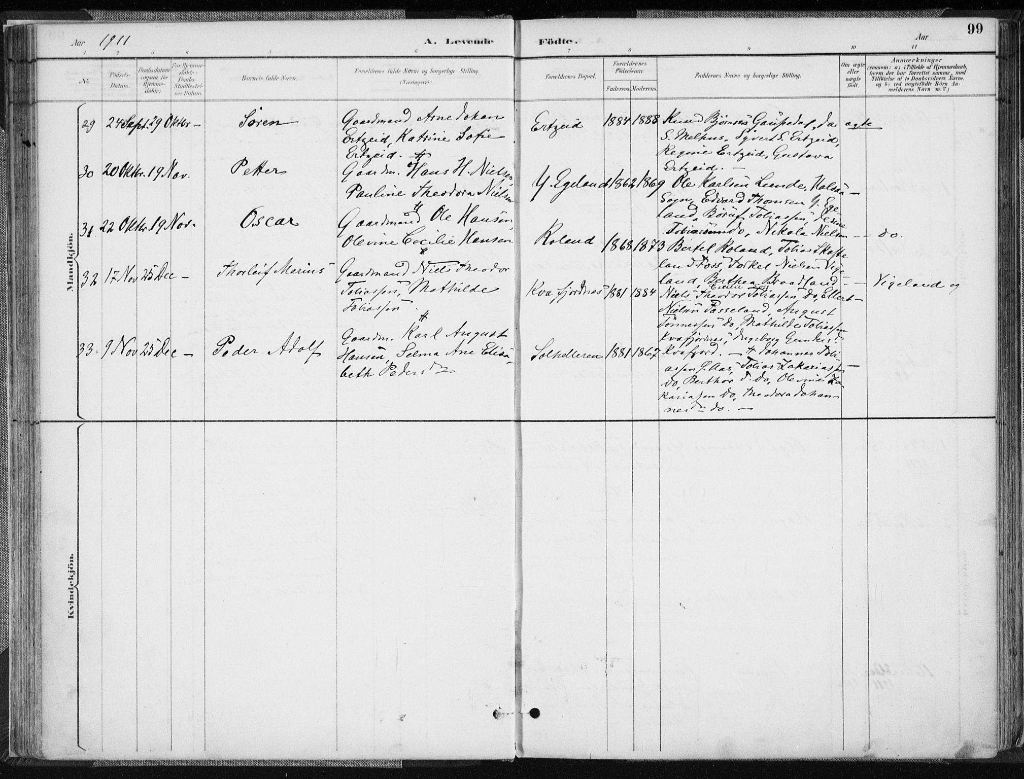 Sør-Audnedal sokneprestkontor, AV/SAK-1111-0039/F/Fa/Fab/L0010: Parish register (official) no. A 10, 1892-1913, p. 99