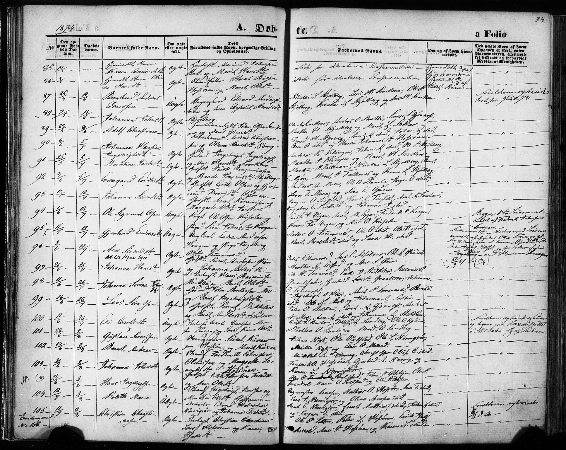 Ministerialprotokoller, klokkerbøker og fødselsregistre - Sør-Trøndelag, SAT/A-1456/668/L0807: Parish register (official) no. 668A07, 1870-1880, p. 34