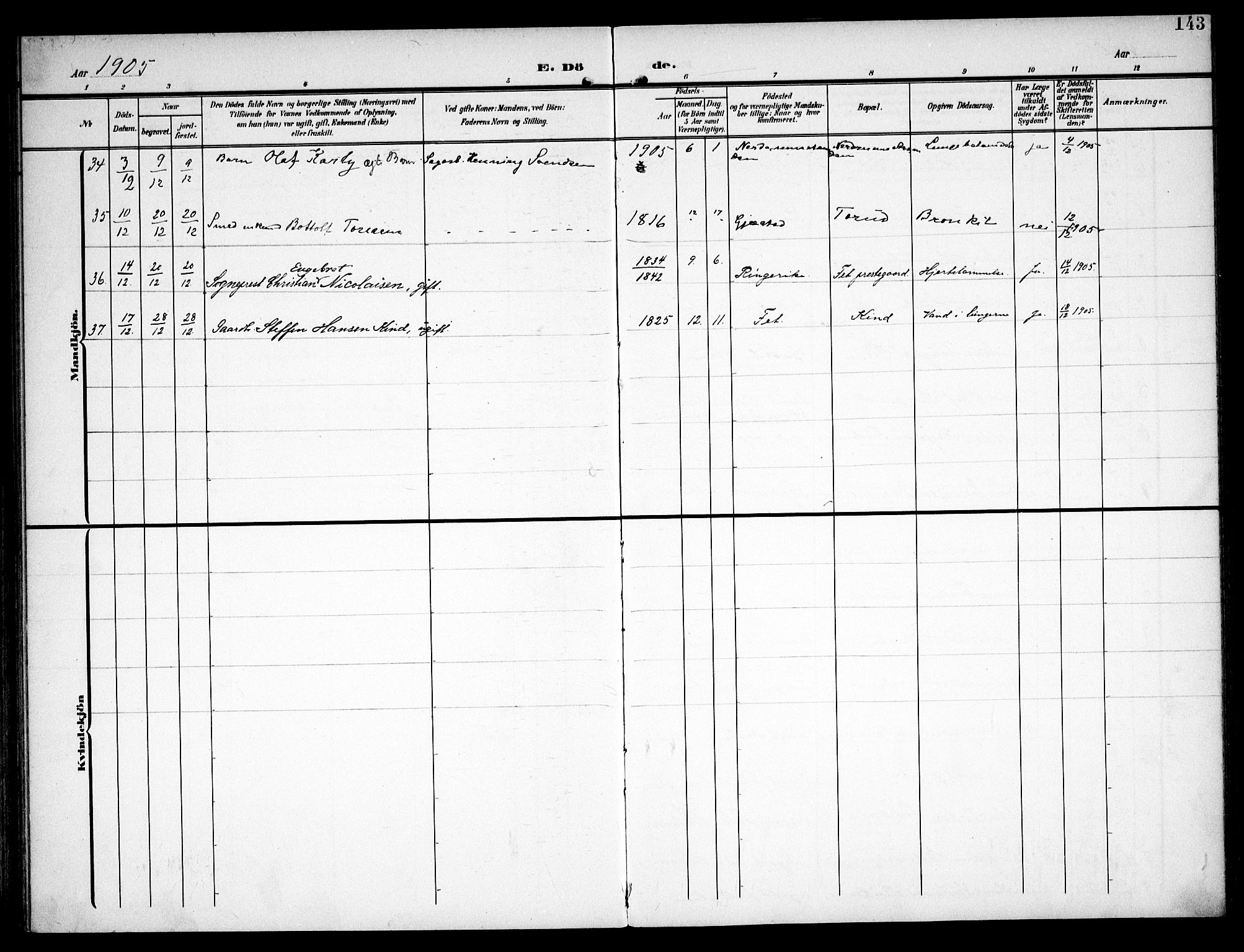 Fet prestekontor Kirkebøker, AV/SAO-A-10370a/F/Fa/L0016: Parish register (official) no. I 16, 1905-1914, p. 143