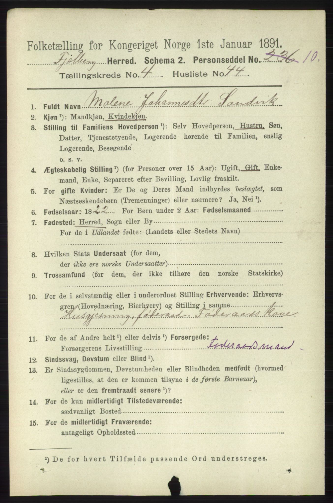 RA, 1891 census for 1213 Fjelberg, 1891, p. 1406