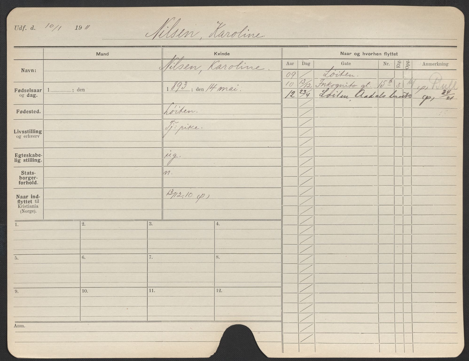 Oslo folkeregister, Registerkort, AV/SAO-A-11715/F/Fa/Fac/L0021: Kvinner, 1906-1914, p. 325a