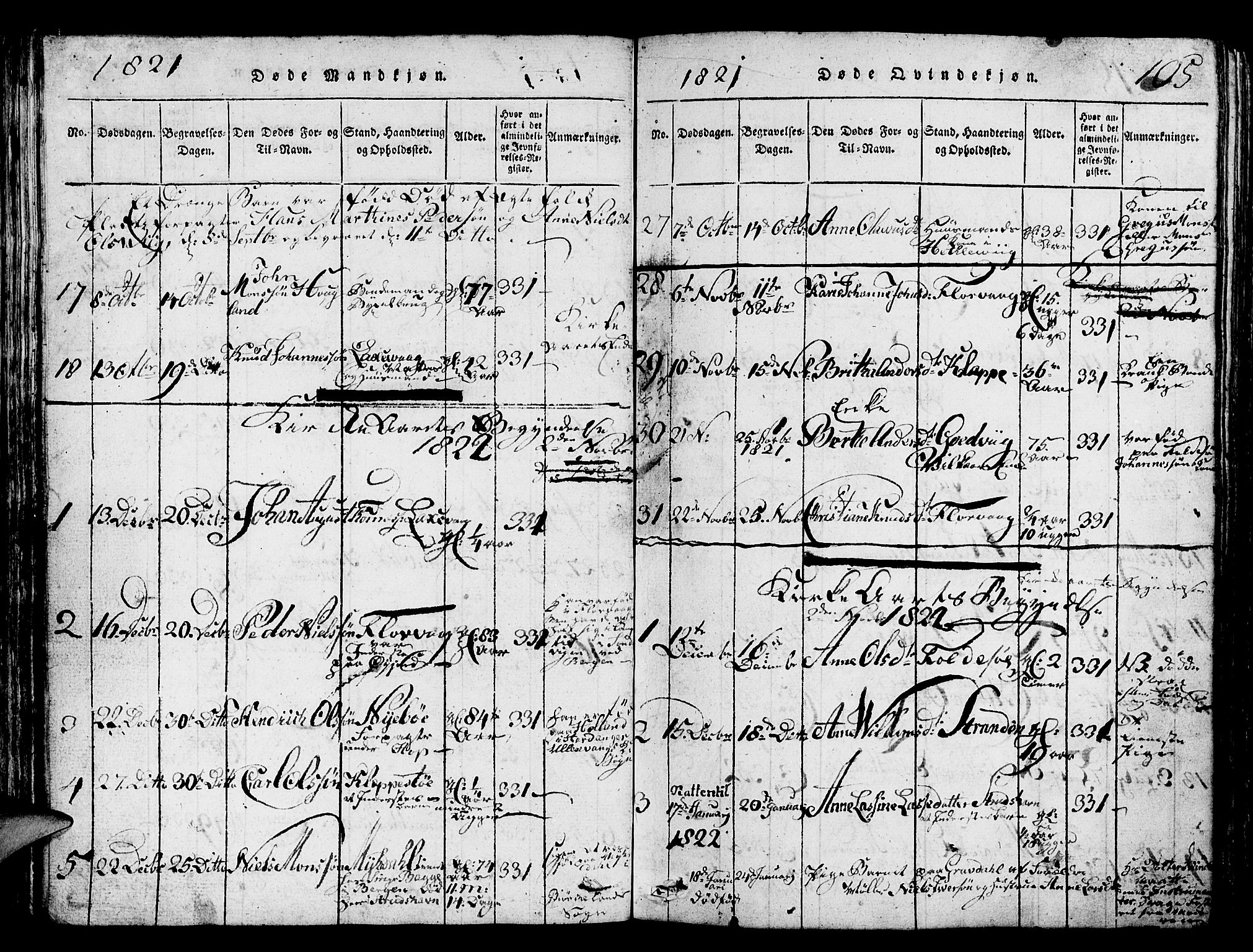 Askøy Sokneprestembete, SAB/A-74101/H/Ha/Hab/Haba/L0002: Parish register (copy) no. A 2, 1815-1846, p. 105