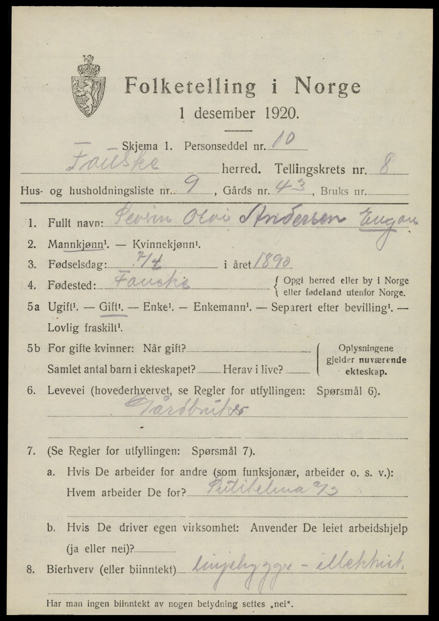 SAT, 1920 census for Fauske, 1920, p. 6362