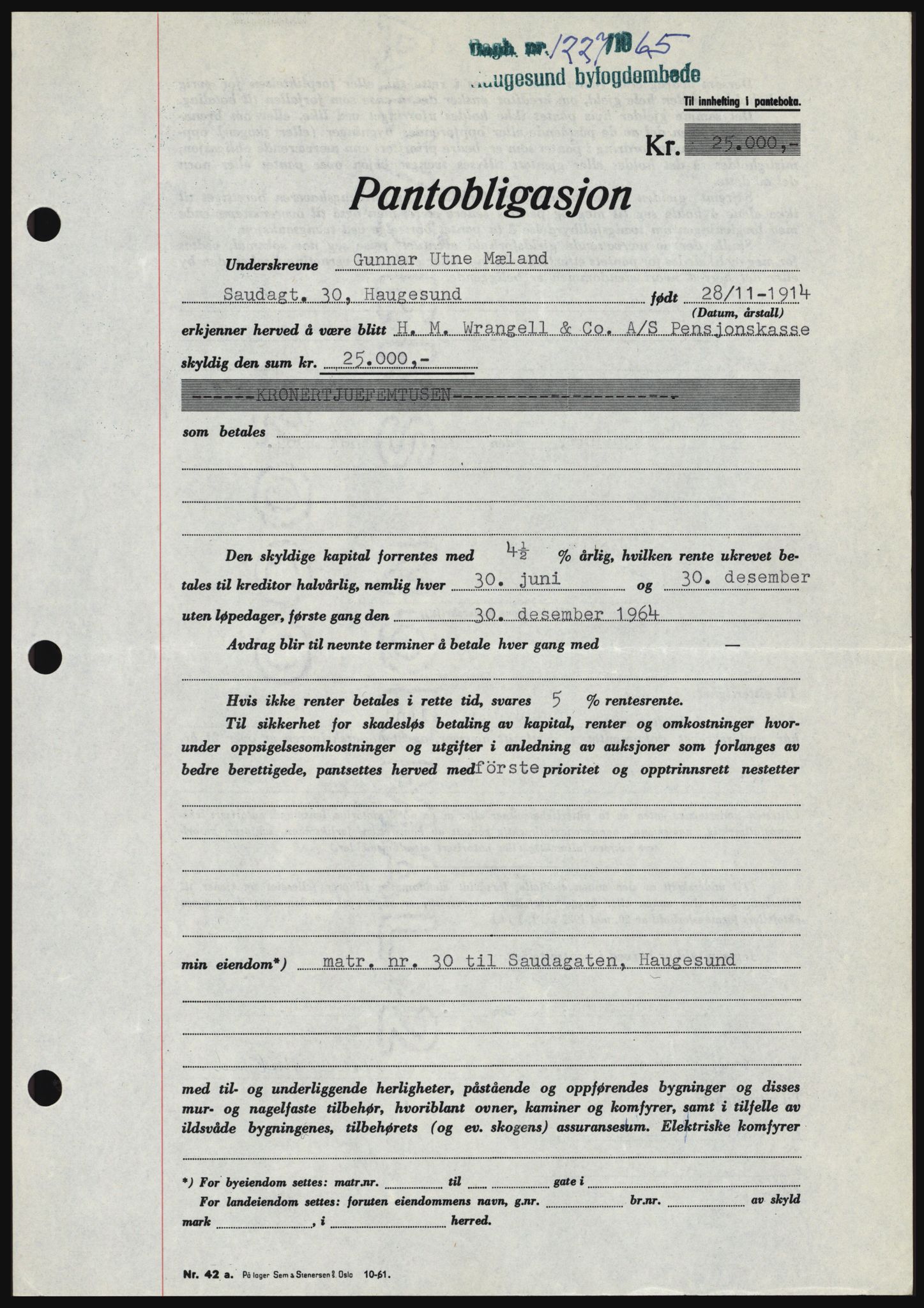 Haugesund tingrett, SAST/A-101415/01/II/IIC/L0053: Mortgage book no. B 53, 1965-1965, Diary no: : 1227/1965