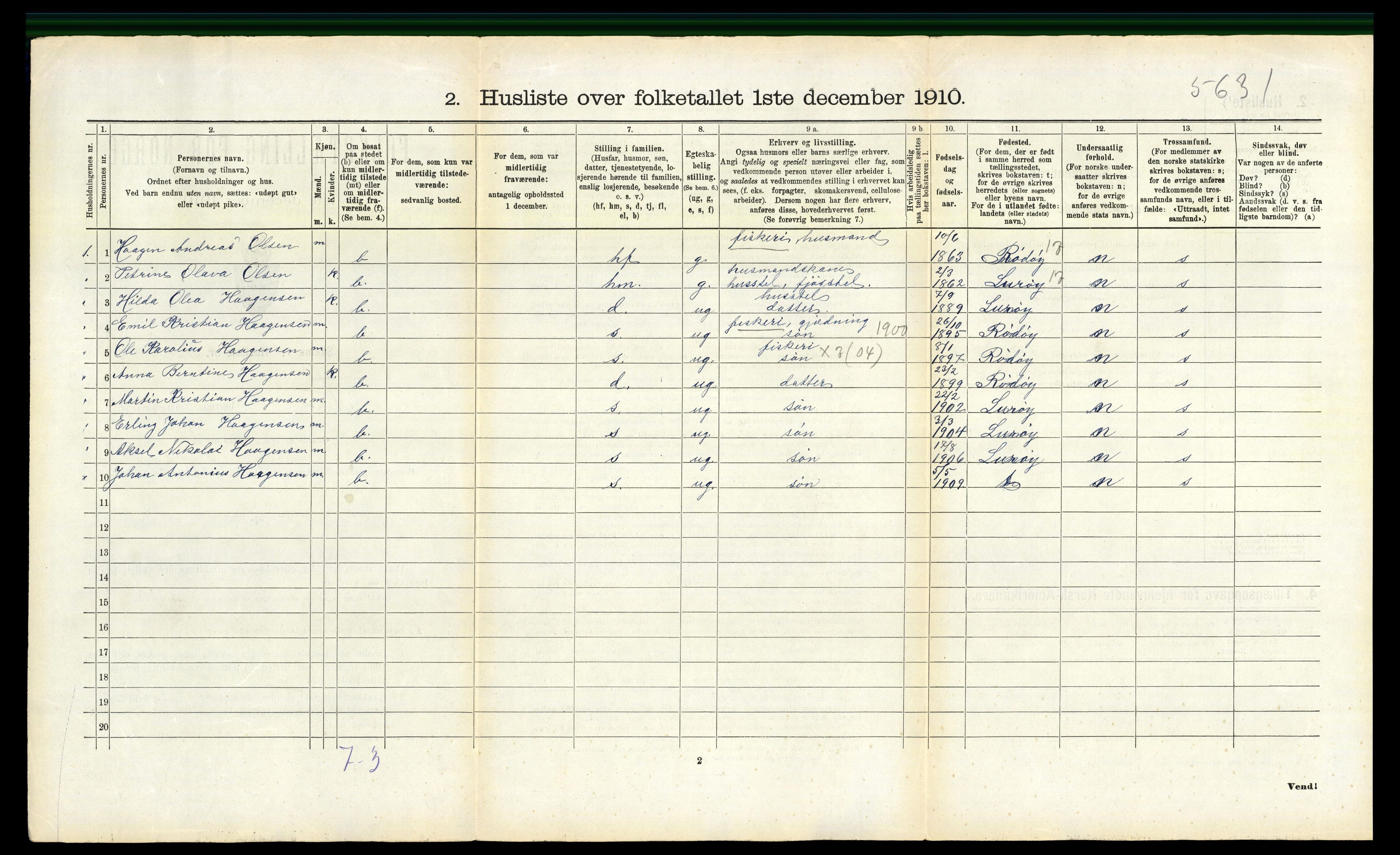 RA, 1910 census for Nesna, 1910, p. 565