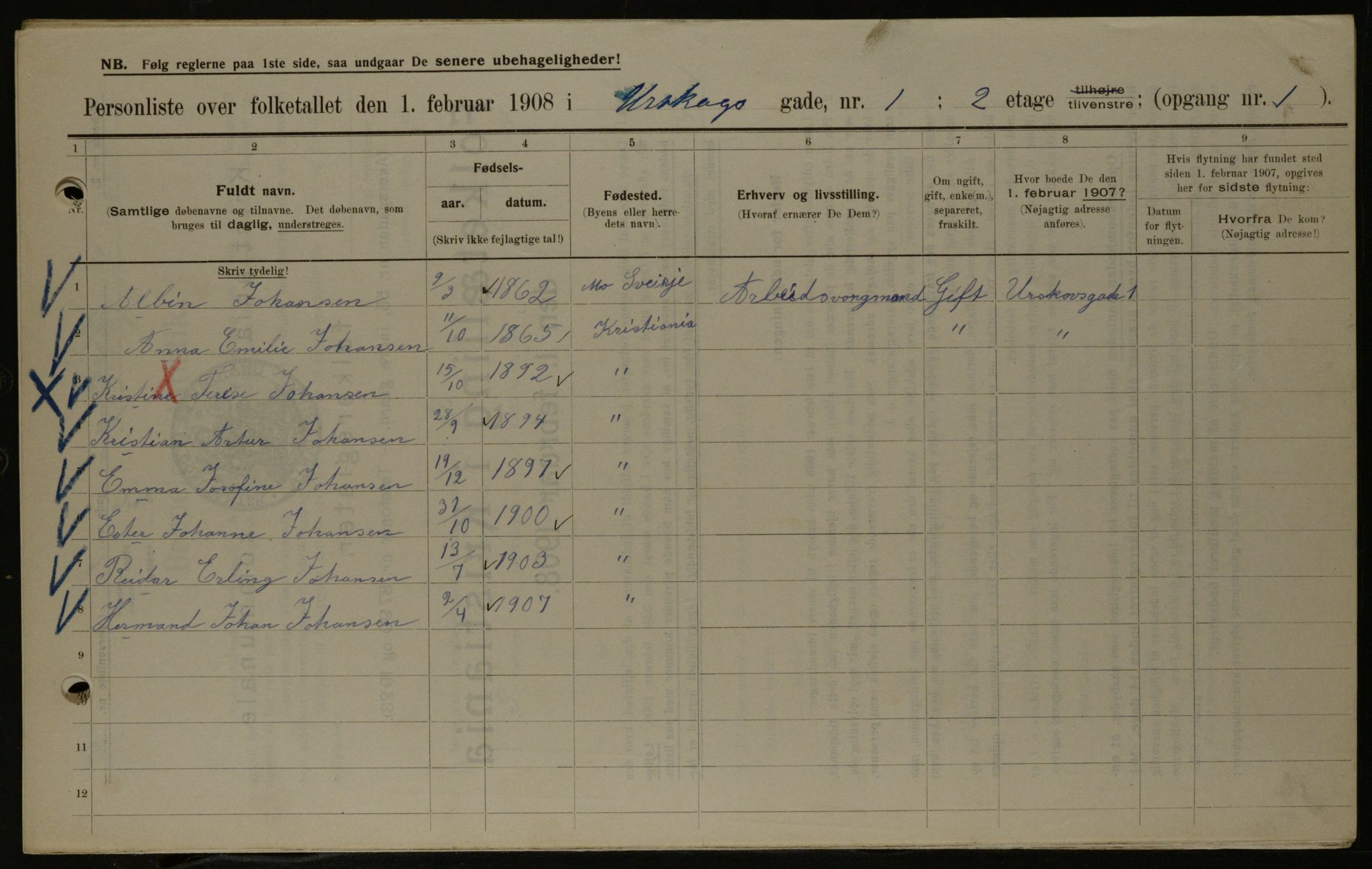 OBA, Municipal Census 1908 for Kristiania, 1908, p. 2638