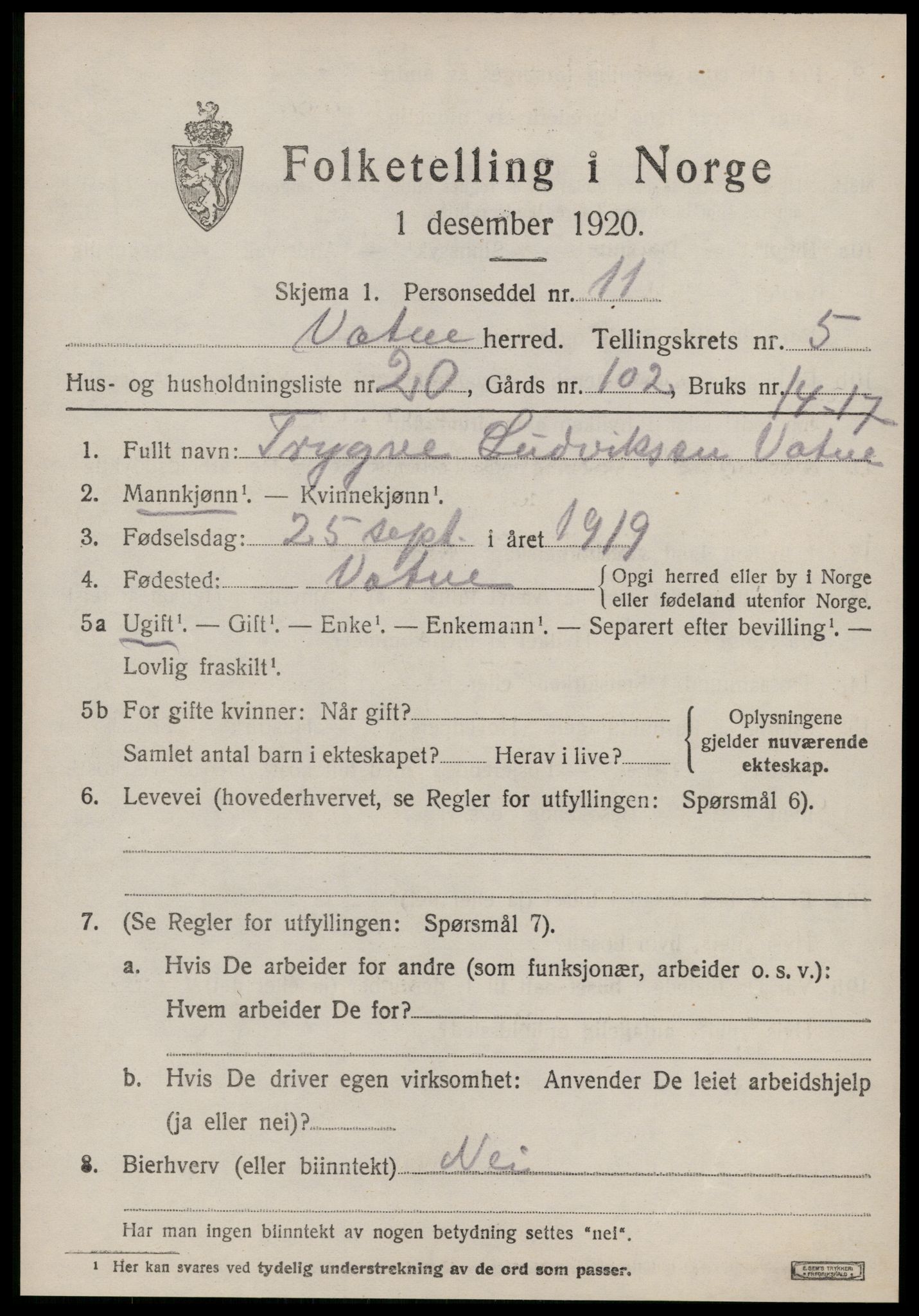 SAT, 1920 census for Vatne, 1920, p. 2432