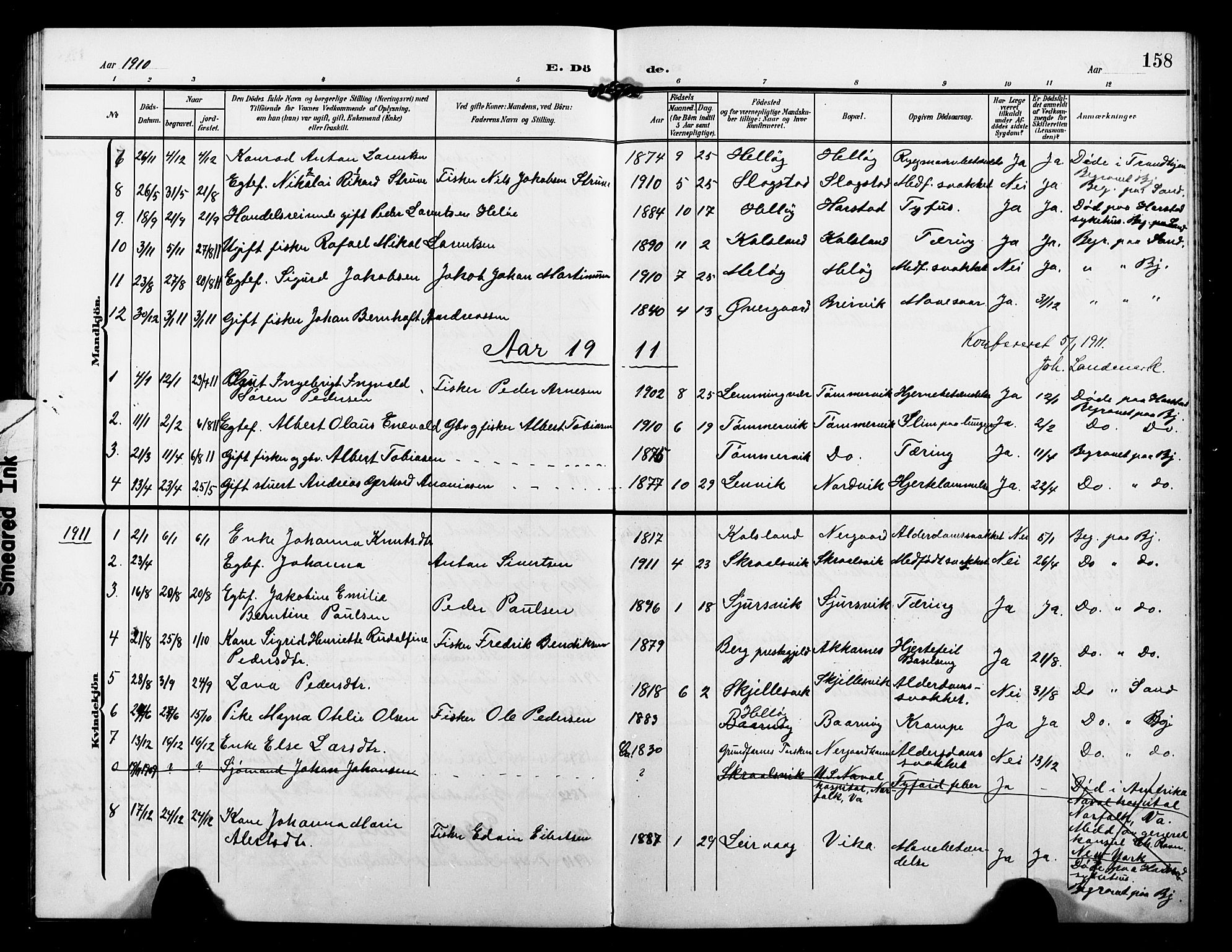 Sand/Bjarkøy sokneprestkontor, AV/SATØ-S-0811/I/Ia/Iab/L0004klokker: Parish register (copy) no. 4, 1905-1918, p. 158