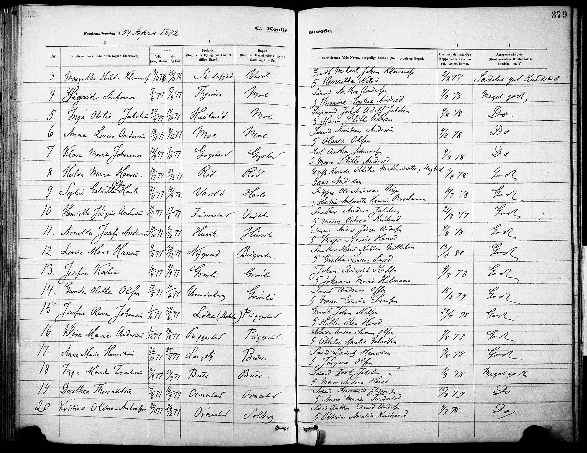 Sandar kirkebøker, SAKO/A-243/F/Fa/L0012: Parish register (official) no. 12, 1883-1895, p. 379