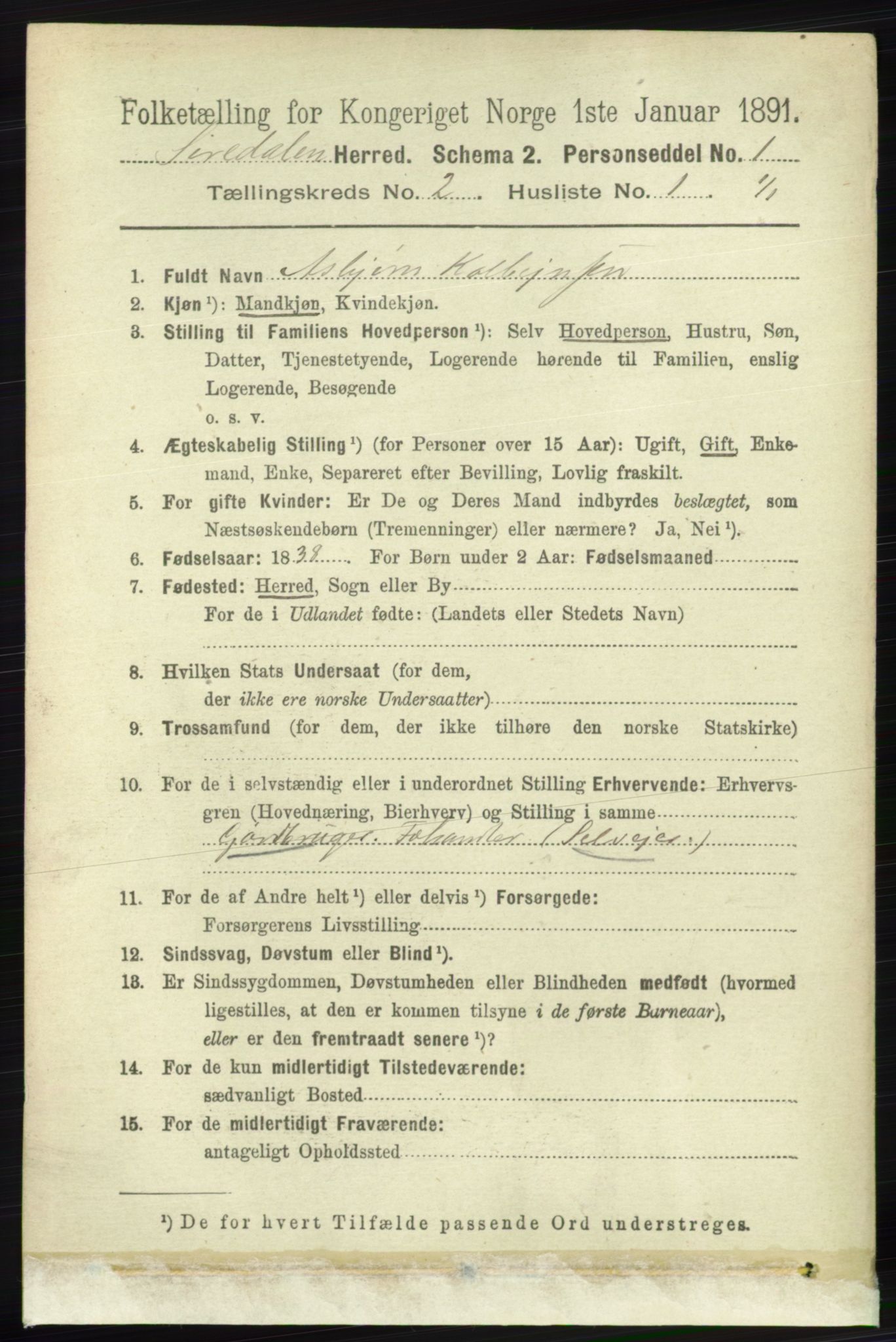 RA, 1891 census for 1046 Sirdal, 1891, p. 337