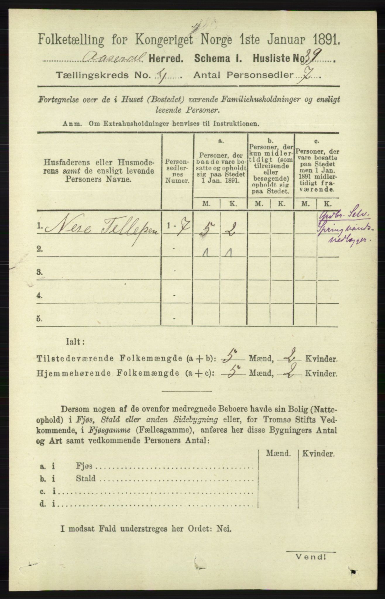 RA, 1891 census for 1026 Åseral, 1891, p. 1160