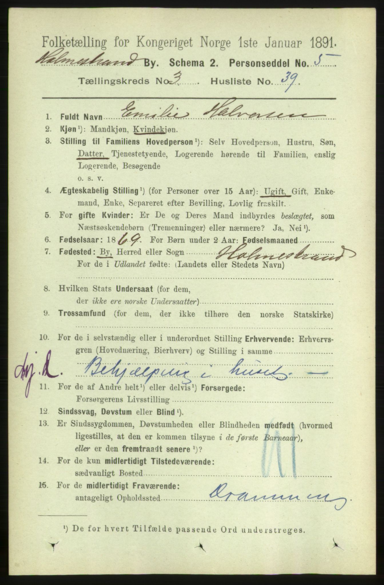 RA, 1891 census for 0702 Holmestrand, 1891, p. 2095