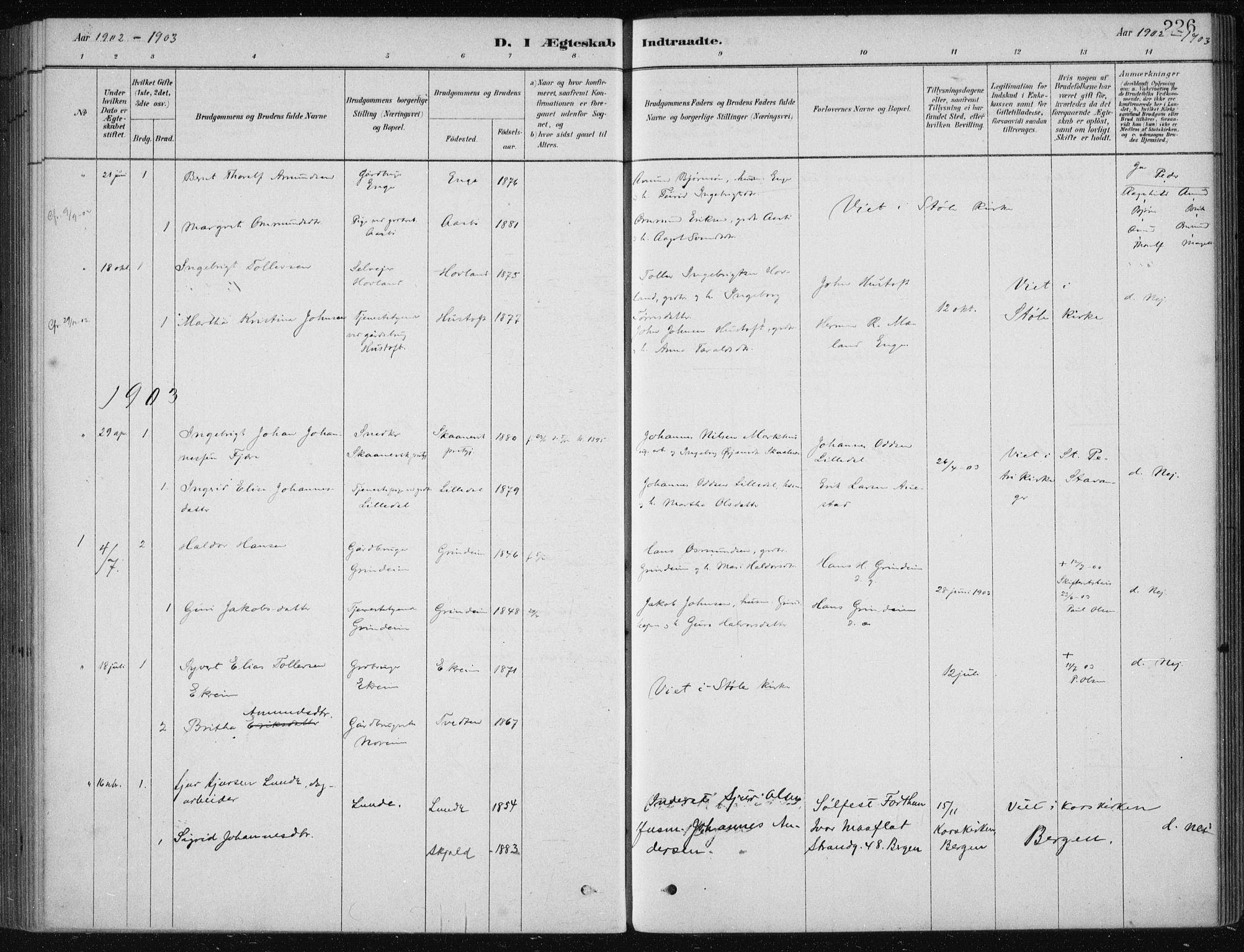 Etne sokneprestembete, AV/SAB-A-75001/H/Haa: Parish register (official) no. D  1, 1879-1919, p. 226