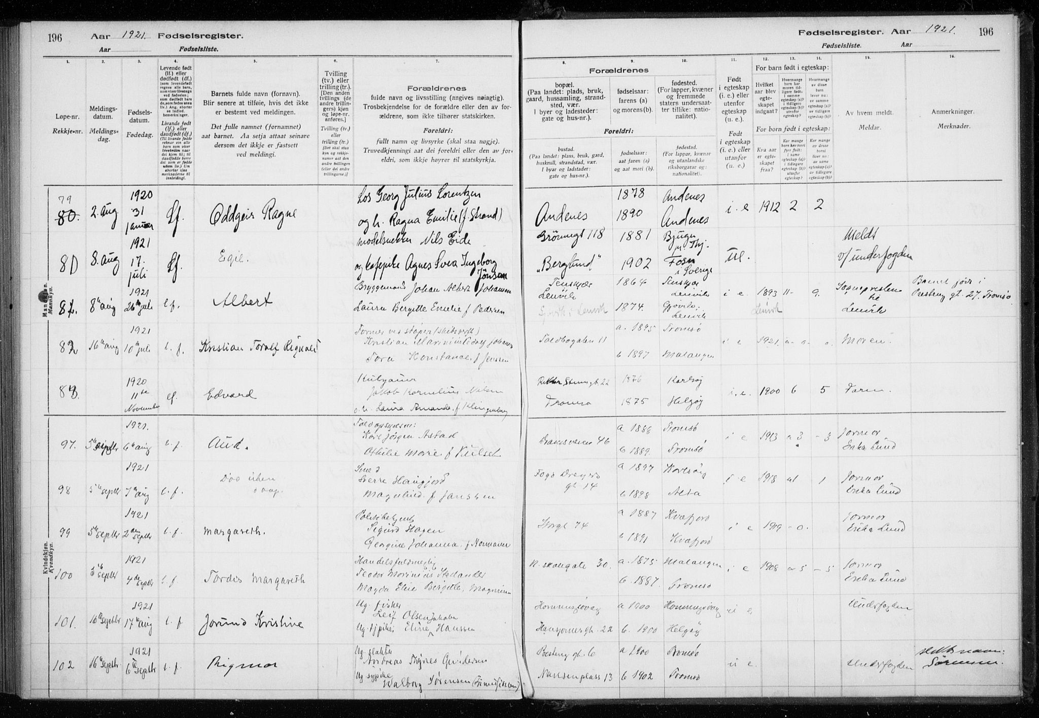 Tromsø sokneprestkontor/stiftsprosti/domprosti, AV/SATØ-S-1343/H/Ha/L0131: Birth register no. 131, 1916-1921, p. 196