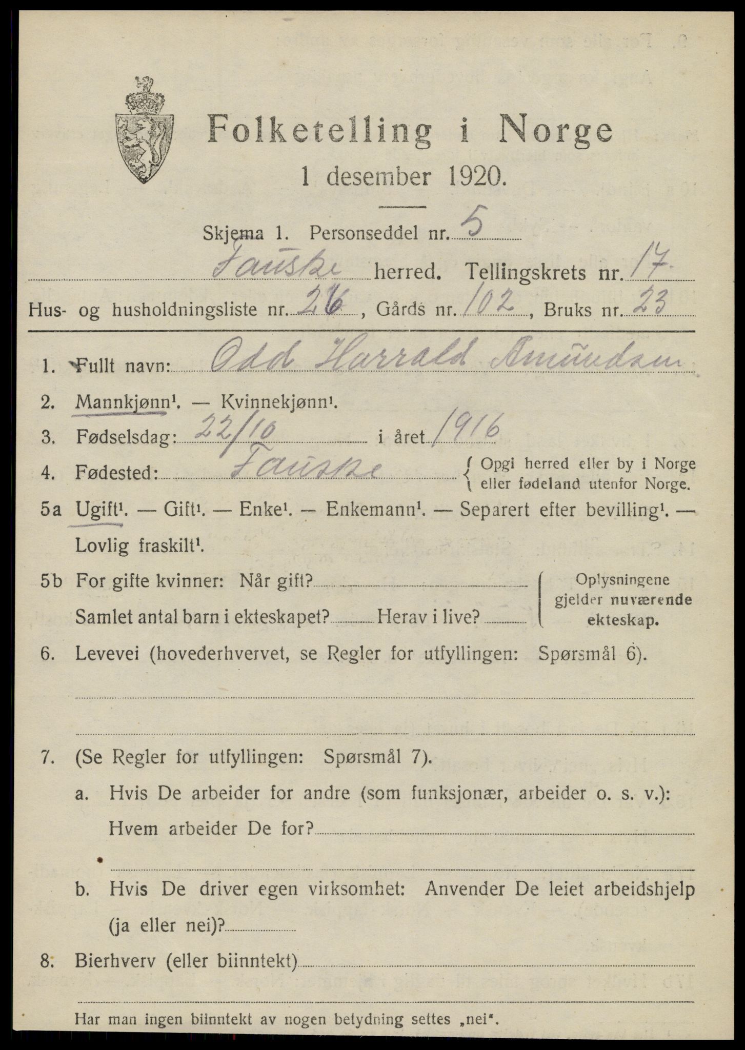 SAT, 1920 census for Fauske, 1920, p. 10810