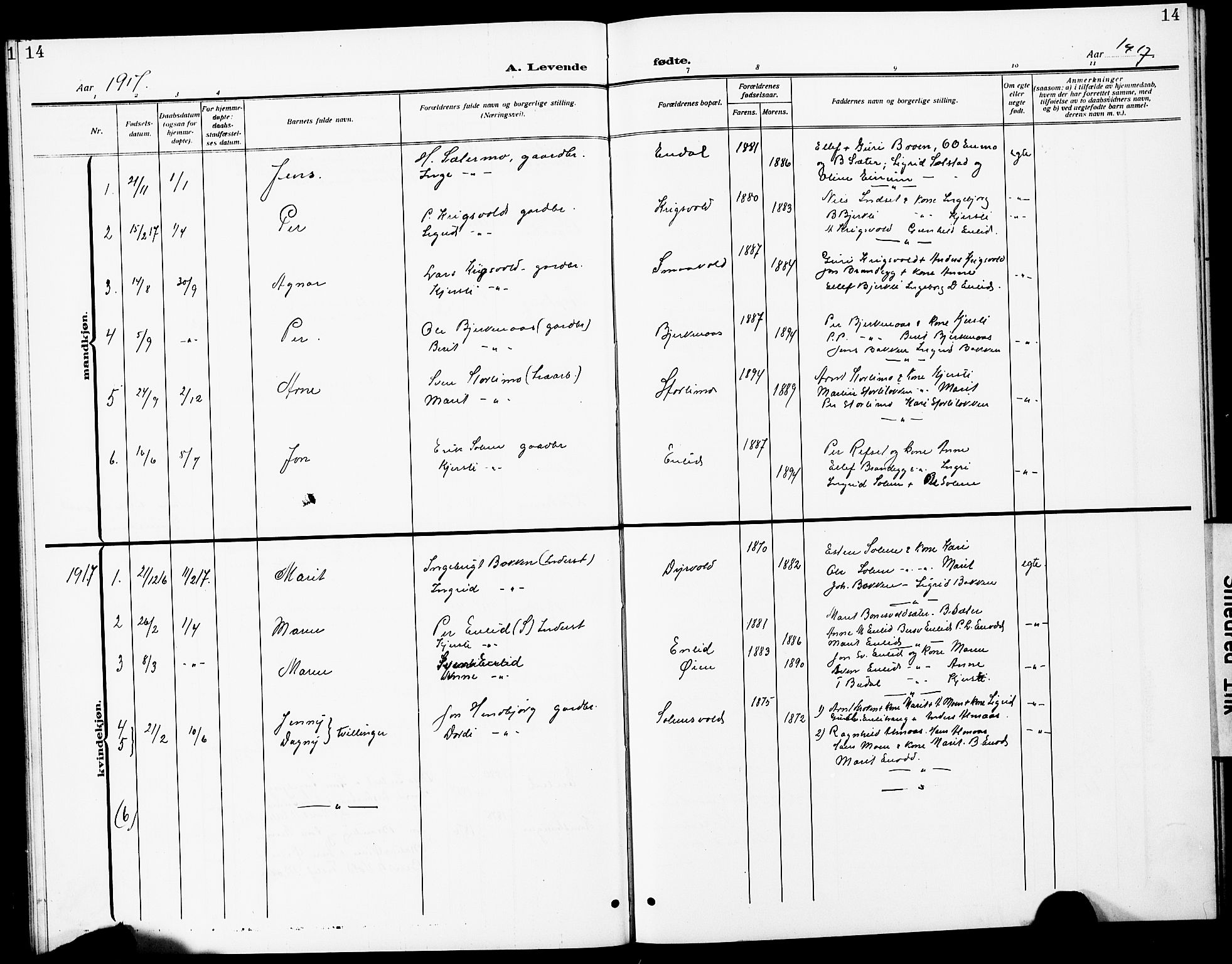 Ministerialprotokoller, klokkerbøker og fødselsregistre - Sør-Trøndelag, SAT/A-1456/690/L1052: Parish register (copy) no. 690C02, 1907-1929, p. 14