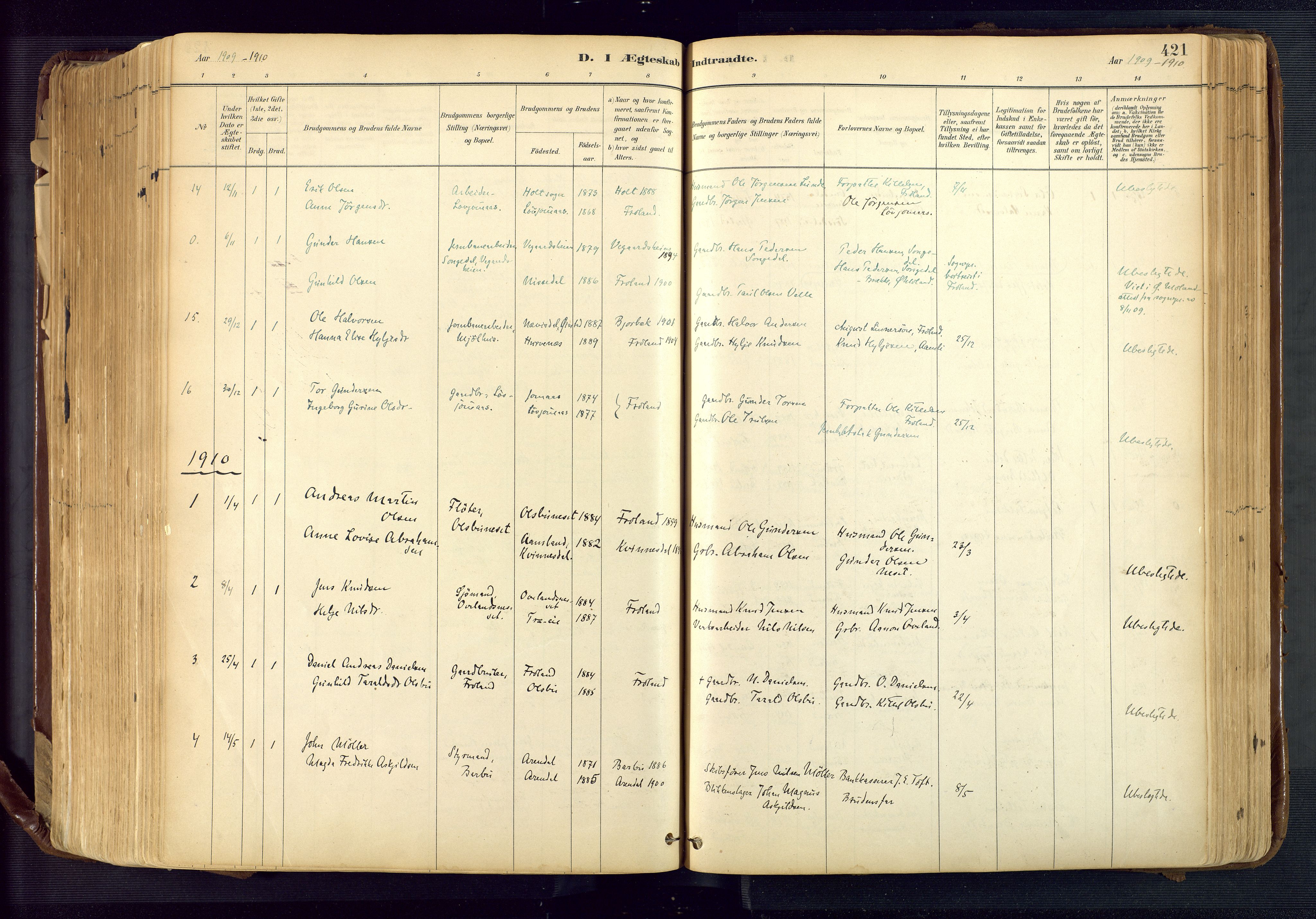 Froland sokneprestkontor, SAK/1111-0013/F/Fa/L0005: Parish register (official) no. A 5, 1882-1921, p. 421