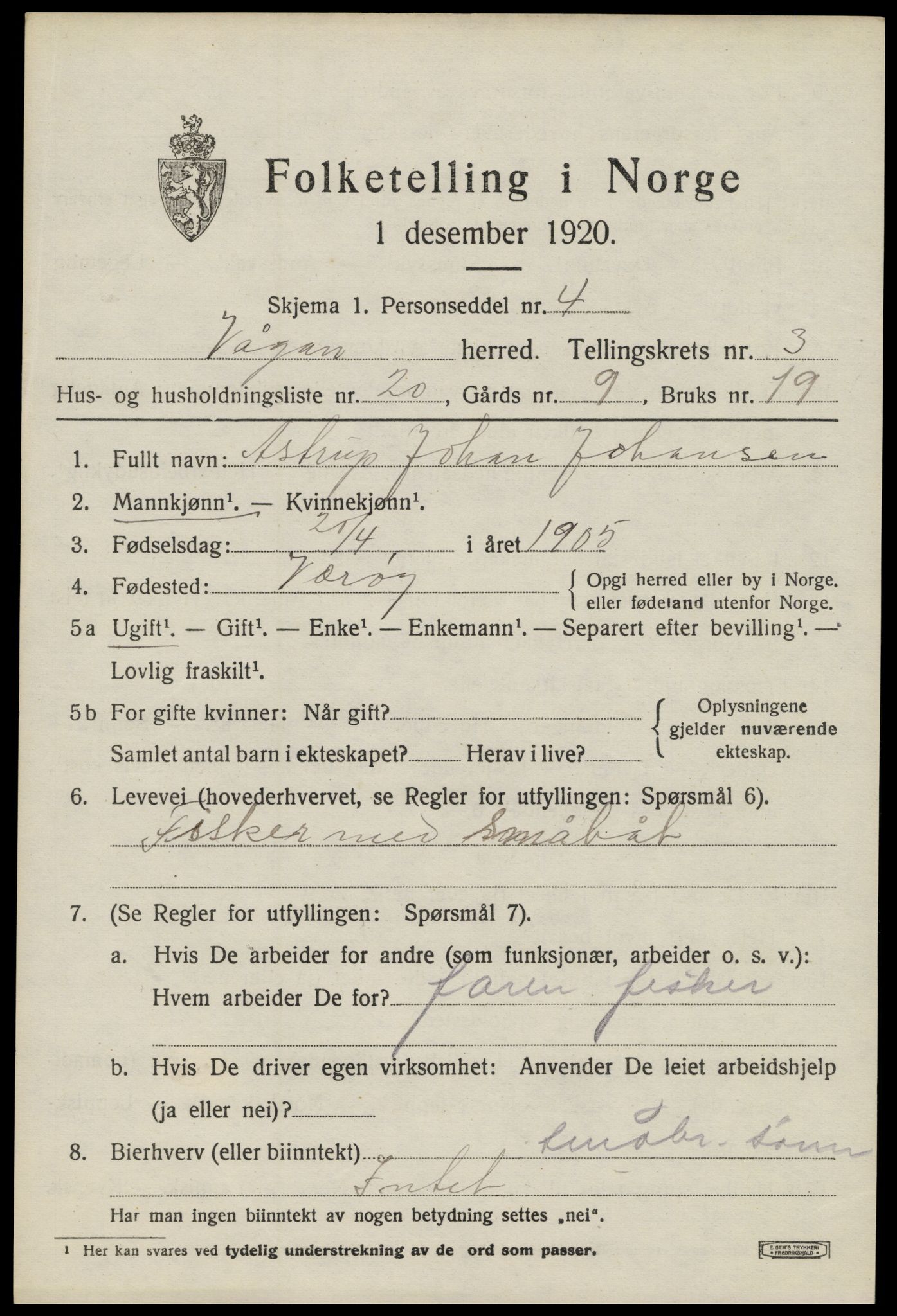 SAT, 1920 census for Vågan, 1920, p. 2825