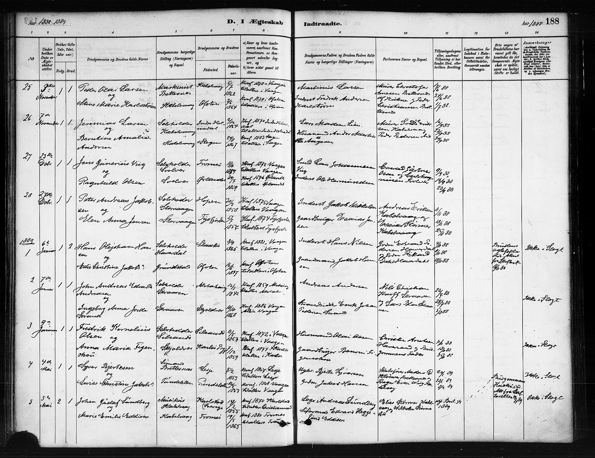 Ministerialprotokoller, klokkerbøker og fødselsregistre - Nordland, AV/SAT-A-1459/874/L1059: Parish register (official) no. 874A03, 1884-1890, p. 188