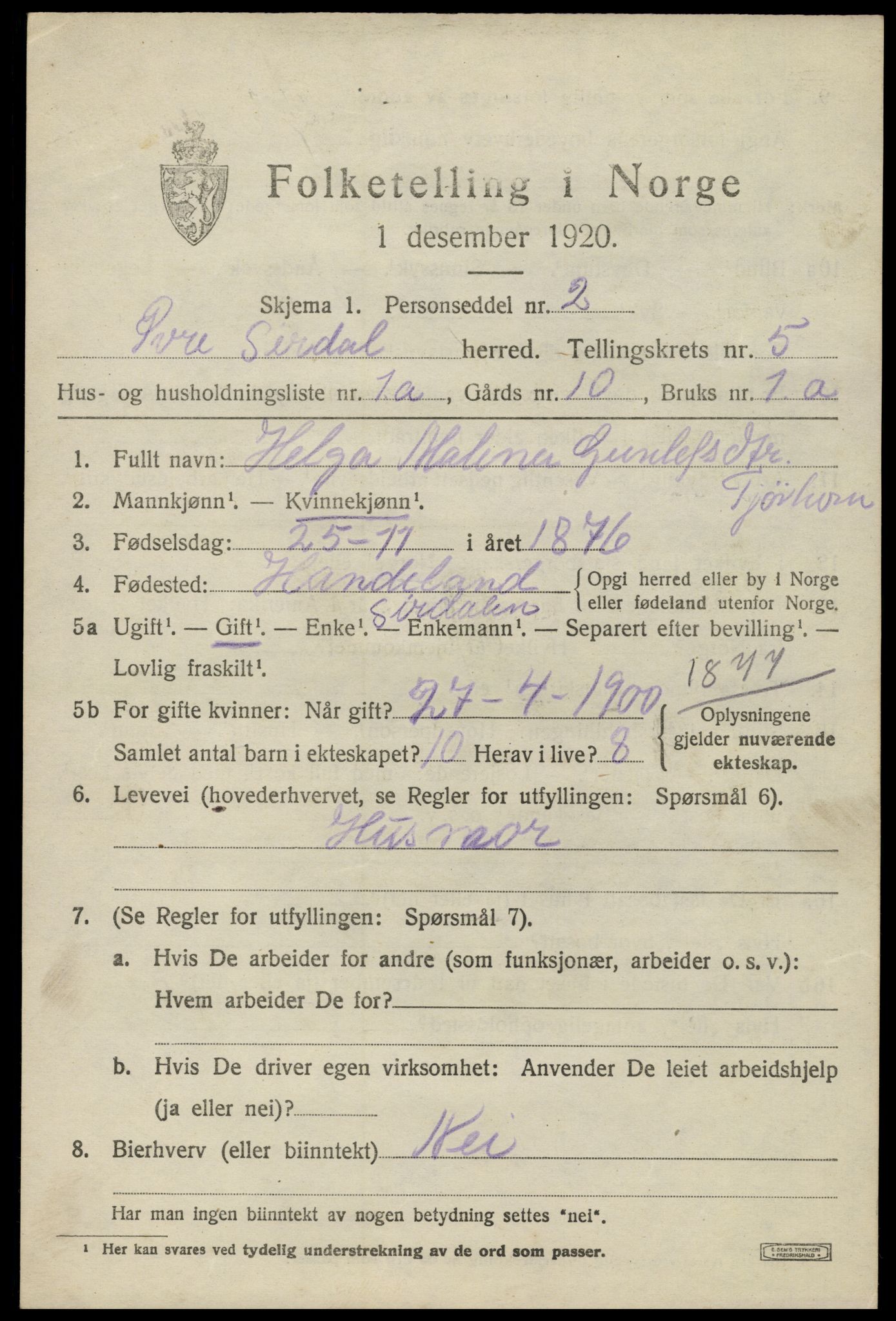 SAK, 1920 census for Øvre Sirdal, 1920, p. 897