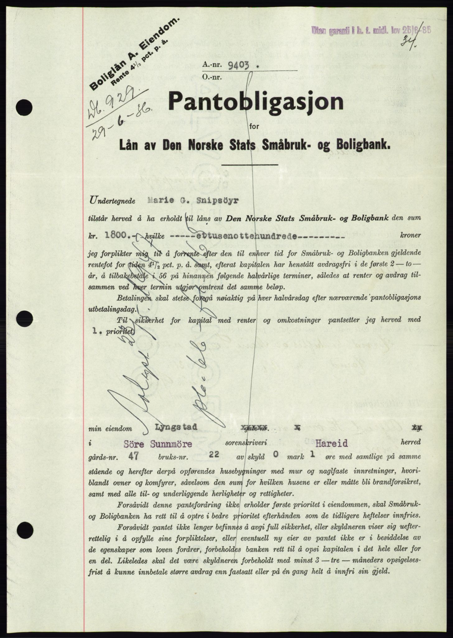 Søre Sunnmøre sorenskriveri, AV/SAT-A-4122/1/2/2C/L0061: Mortgage book no. 55, 1936-1936, Diary no: : 929/1936