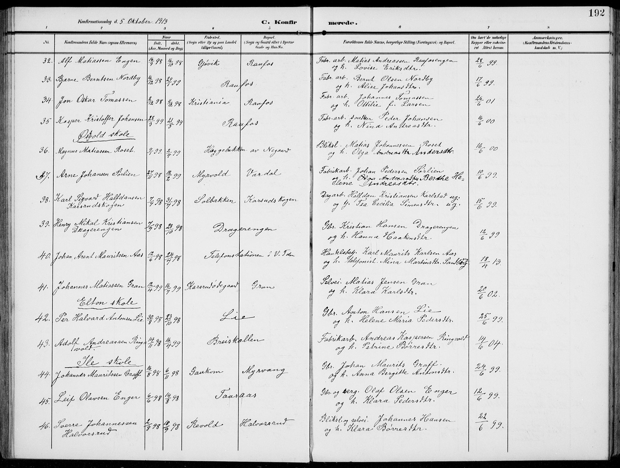 Vestre Toten prestekontor, AV/SAH-PREST-108/H/Ha/Haa/L0014: Parish register (official) no. 14, 1907-1920, p. 192