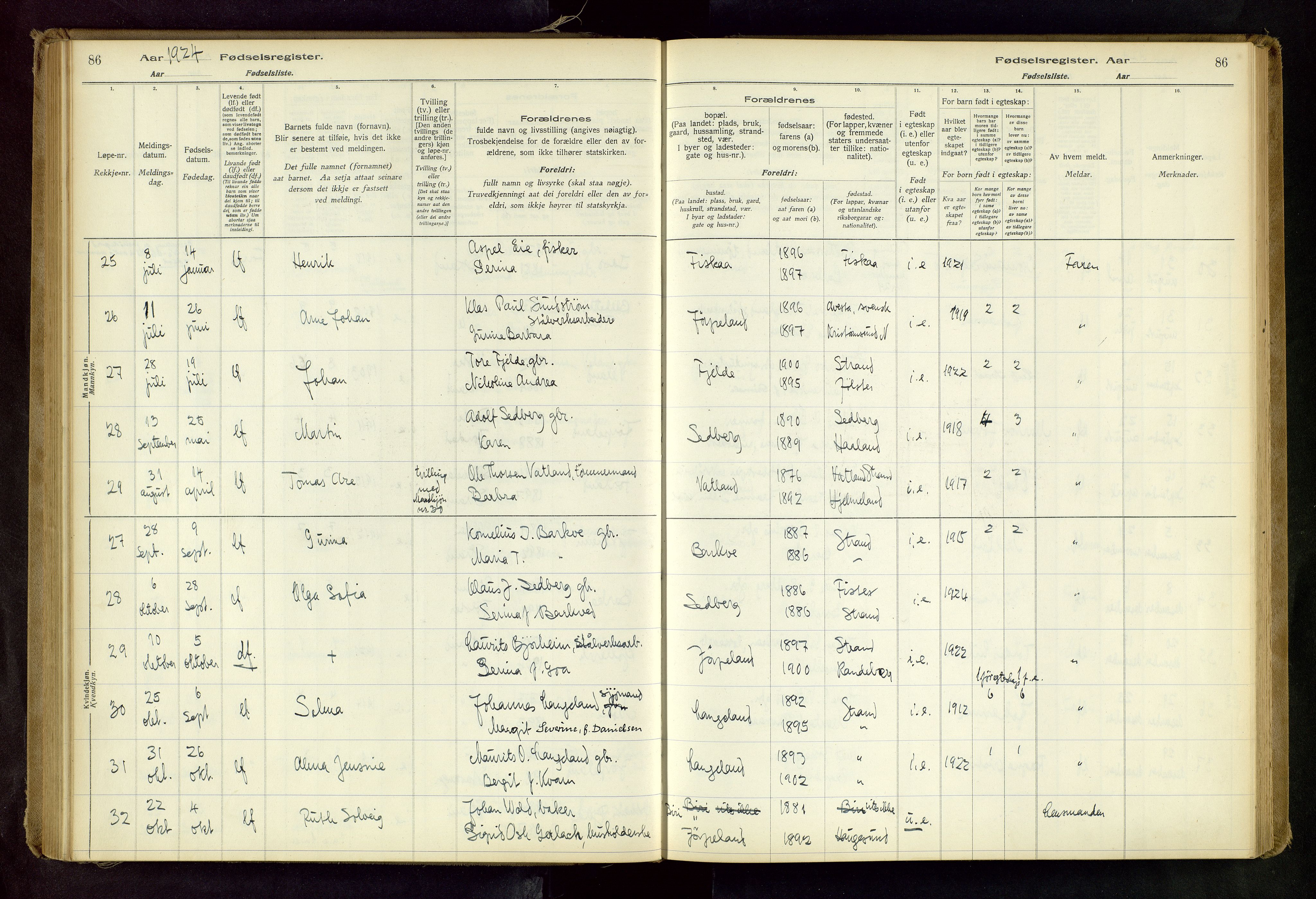 Strand sokneprestkontor, AV/SAST-A-101828/I/Id/L0001: Birth register no. 1, 1916-1938, p. 86