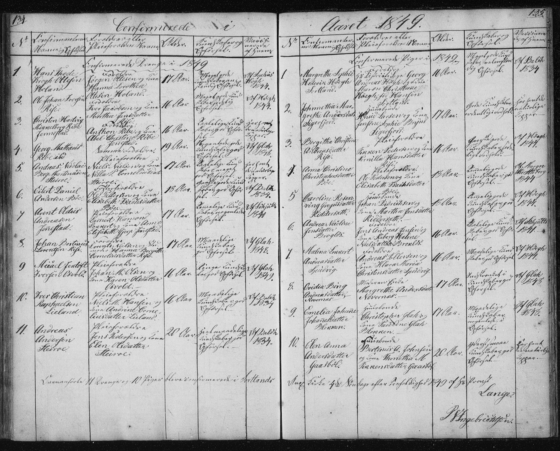 Ministerialprotokoller, klokkerbøker og fødselsregistre - Nordland, SAT/A-1459/895/L1379: Parish register (copy) no. 895C01, 1842-1858, p. 134-135