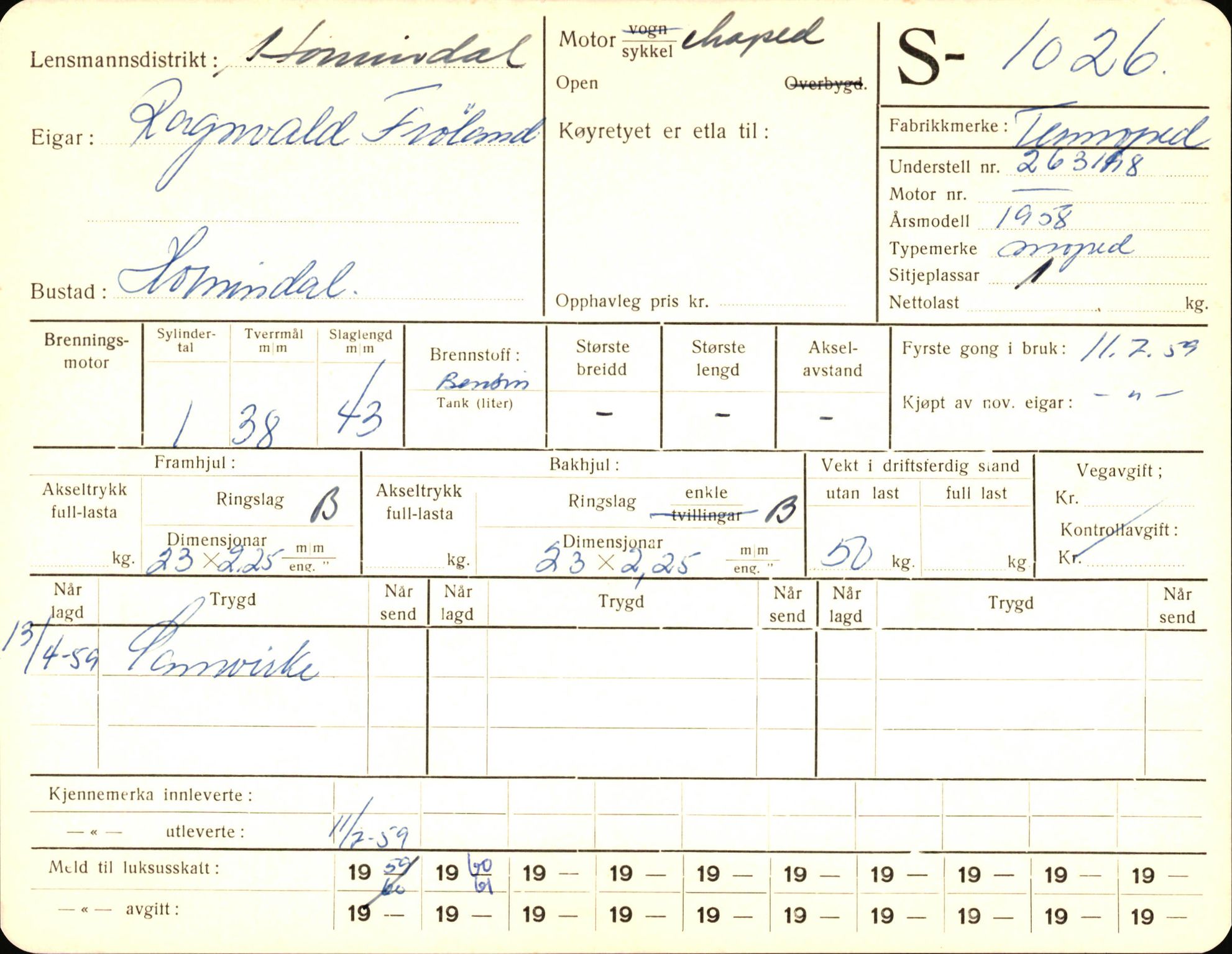 Statens vegvesen, Sogn og Fjordane vegkontor, AV/SAB-A-5301/4/F/L0003: Registerkort utmeldte Fjordane S1000-2499, 1930-1961, p. 46