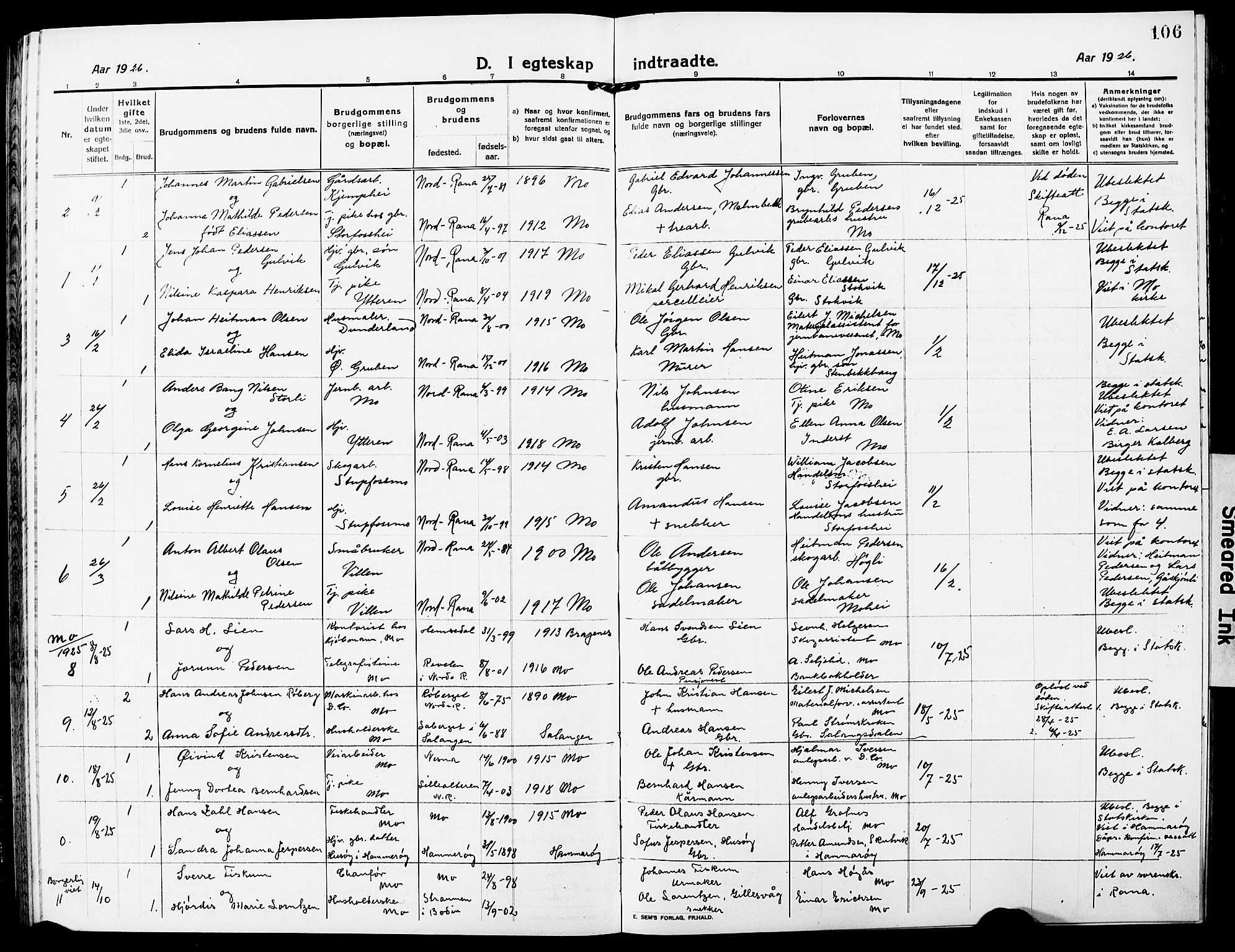 Ministerialprotokoller, klokkerbøker og fødselsregistre - Nordland, AV/SAT-A-1459/827/L0424: Parish register (copy) no. 827C13, 1921-1930, p. 106