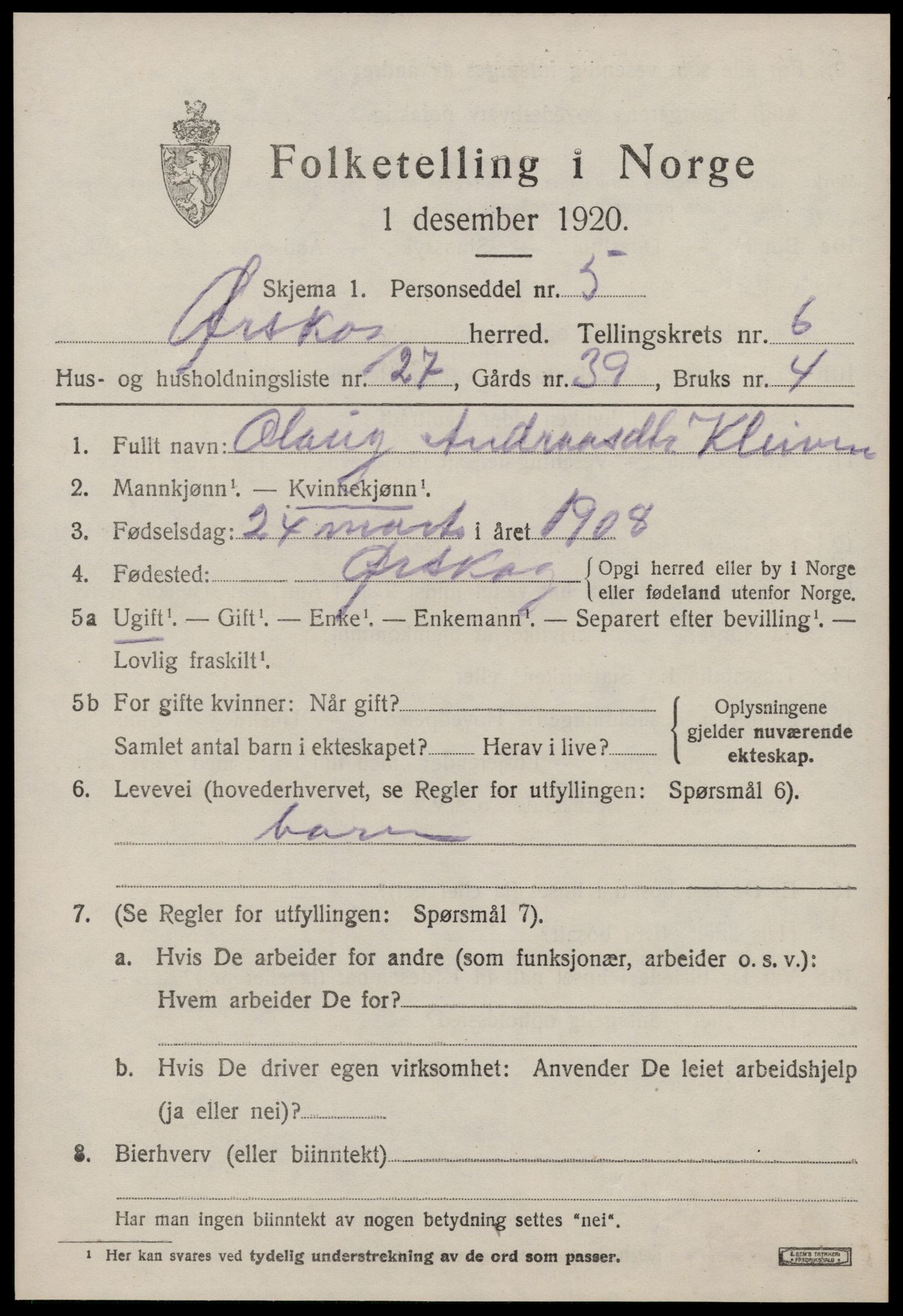 SAT, 1920 census for Ørskog, 1920, p. 3600