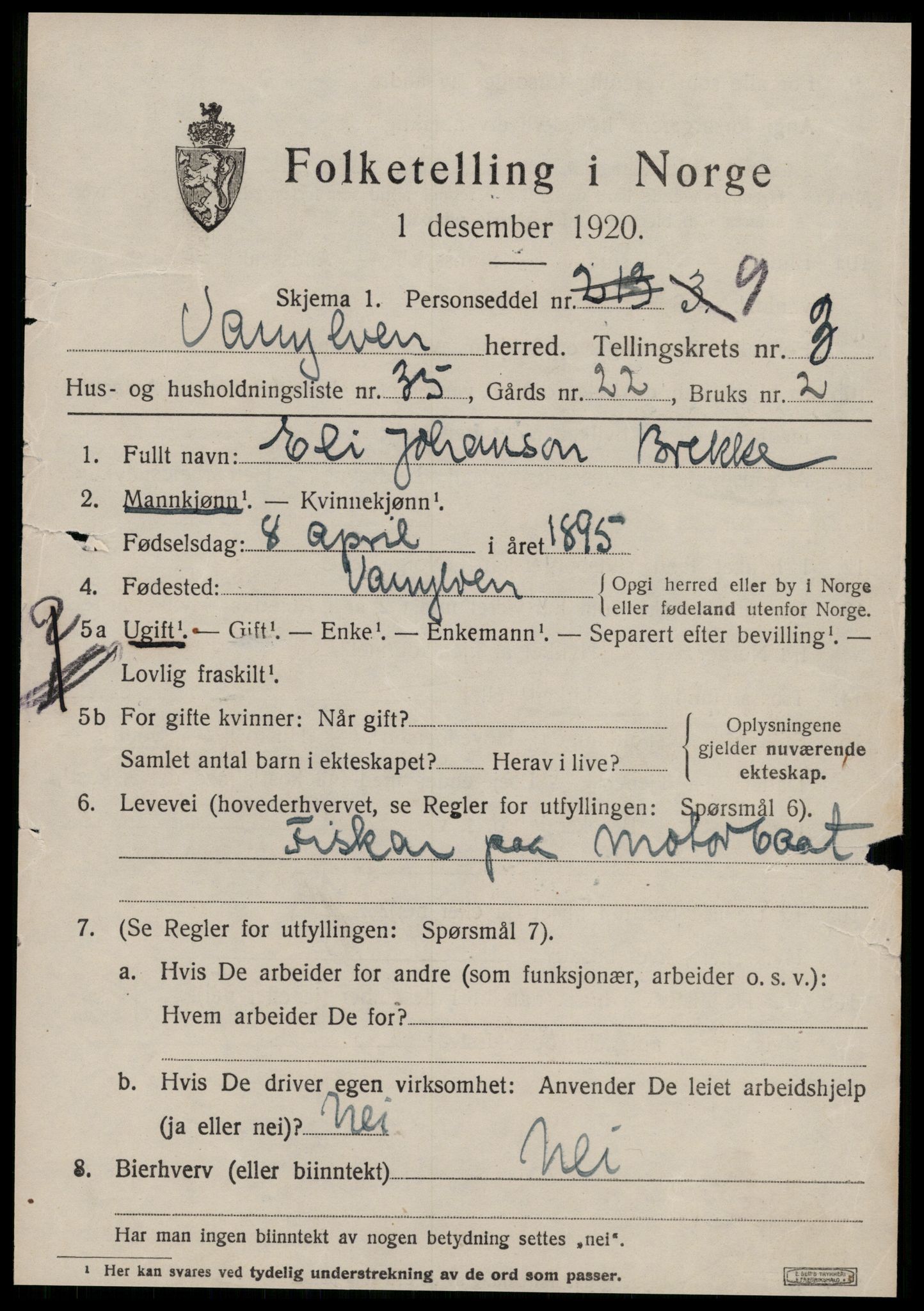 SAT, 1920 census for Vanylven, 1920, p. 2263