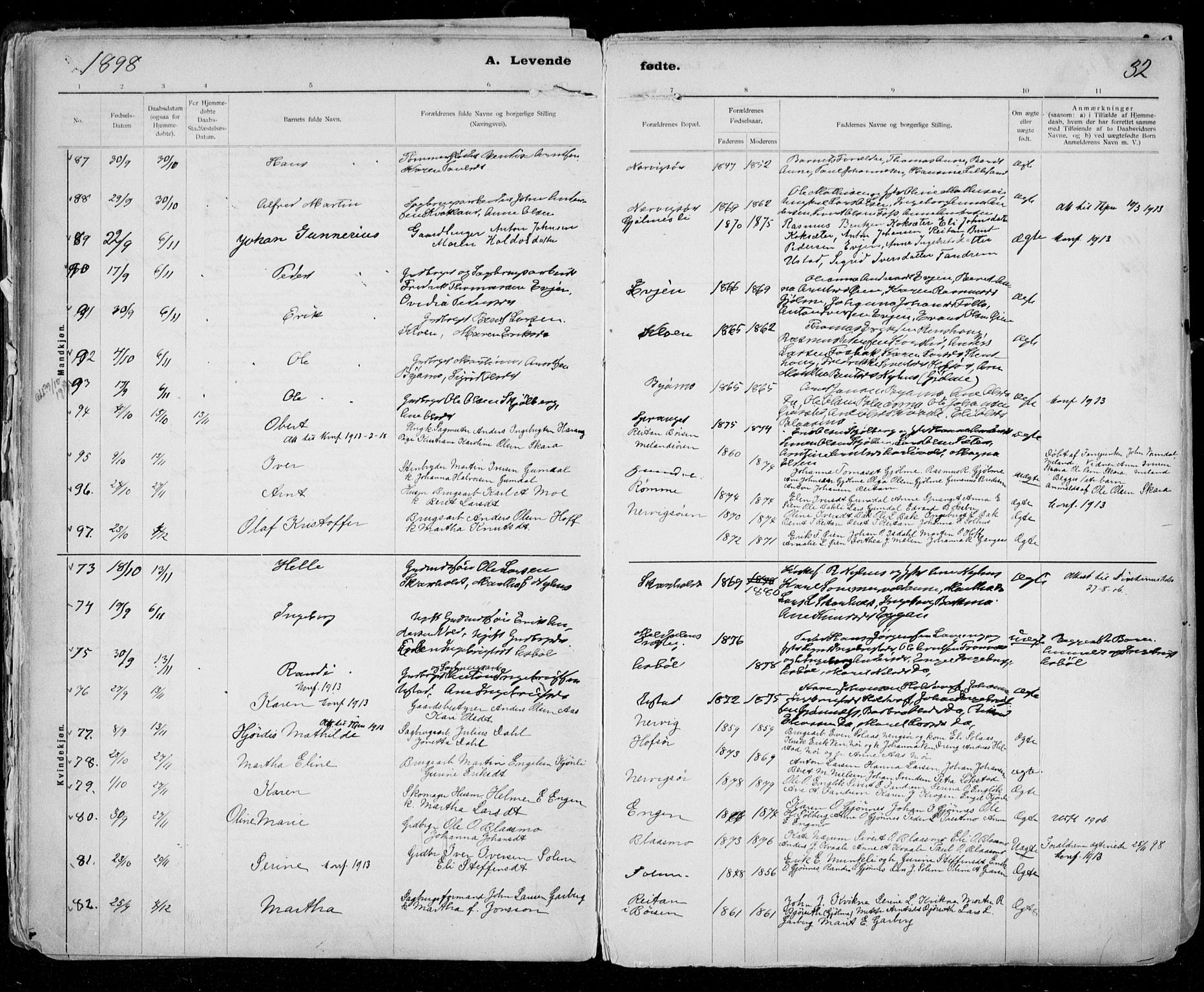 Ministerialprotokoller, klokkerbøker og fødselsregistre - Sør-Trøndelag, SAT/A-1456/668/L0811: Parish register (official) no. 668A11, 1894-1913, p. 32