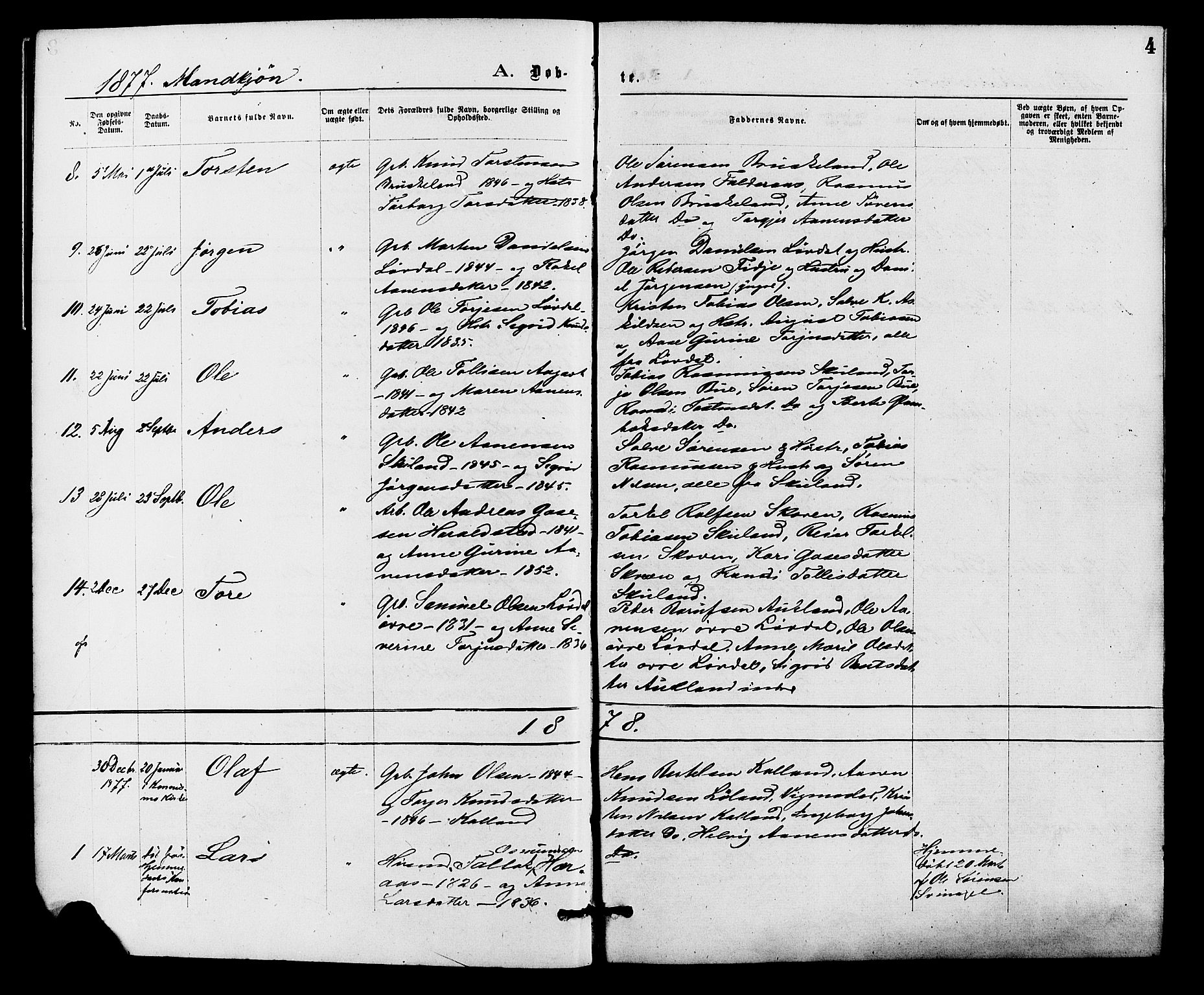 Holum sokneprestkontor, AV/SAK-1111-0022/F/Fa/Fab/L0006: Parish register (official) no. A 6, 1875-1886, p. 4