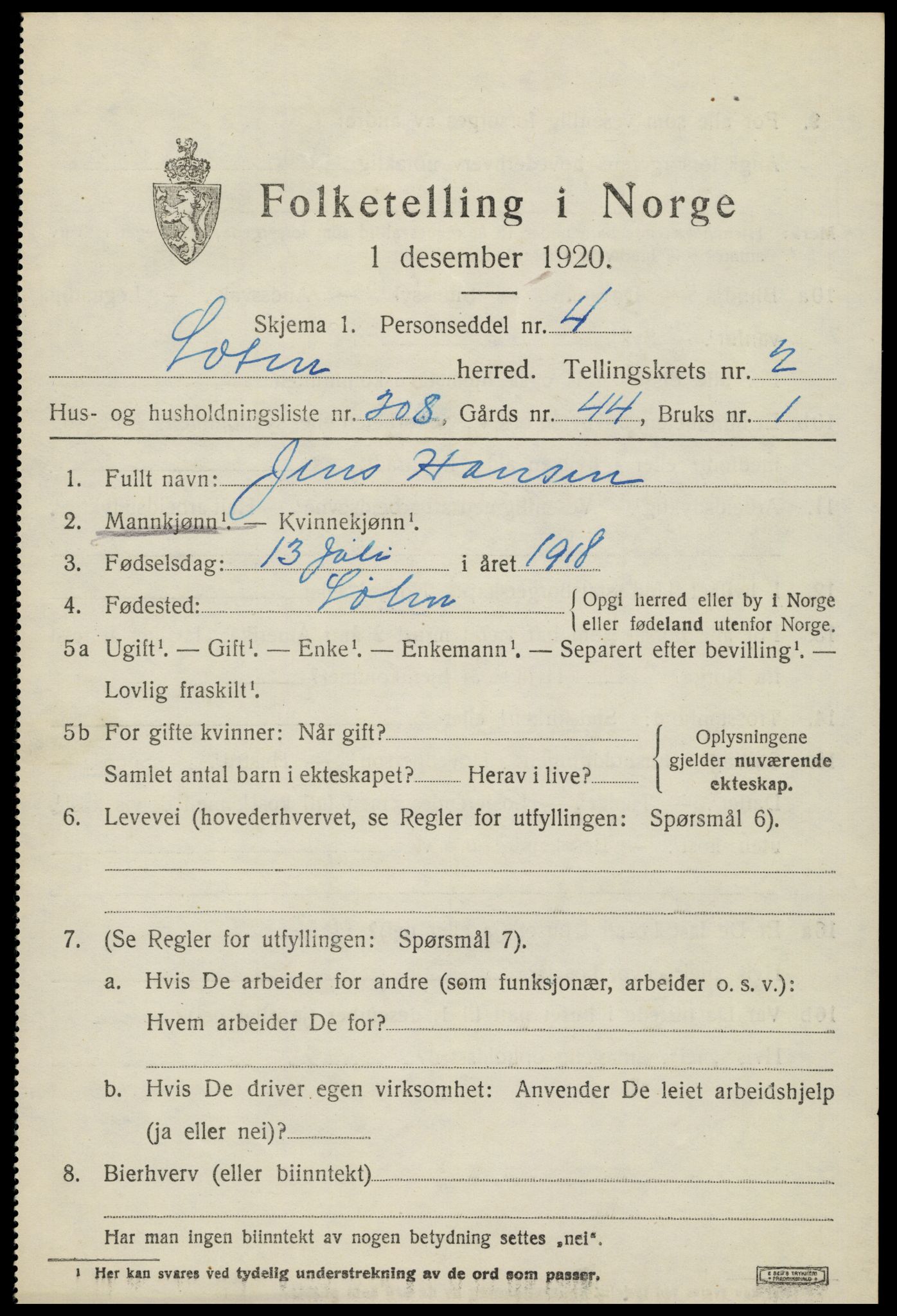 SAH, 1920 census for Løten, 1920, p. 7301