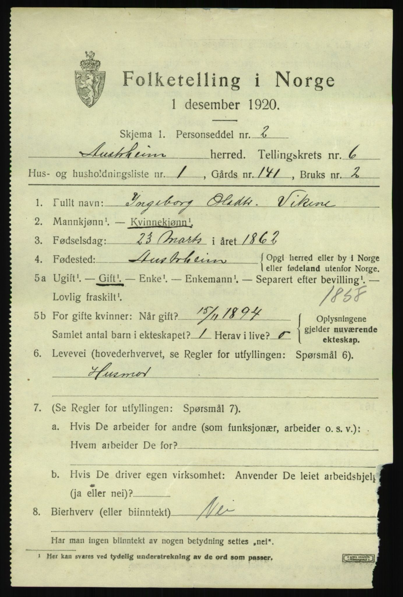 SAB, 1920 census for Austrheim, 1920, p. 2420