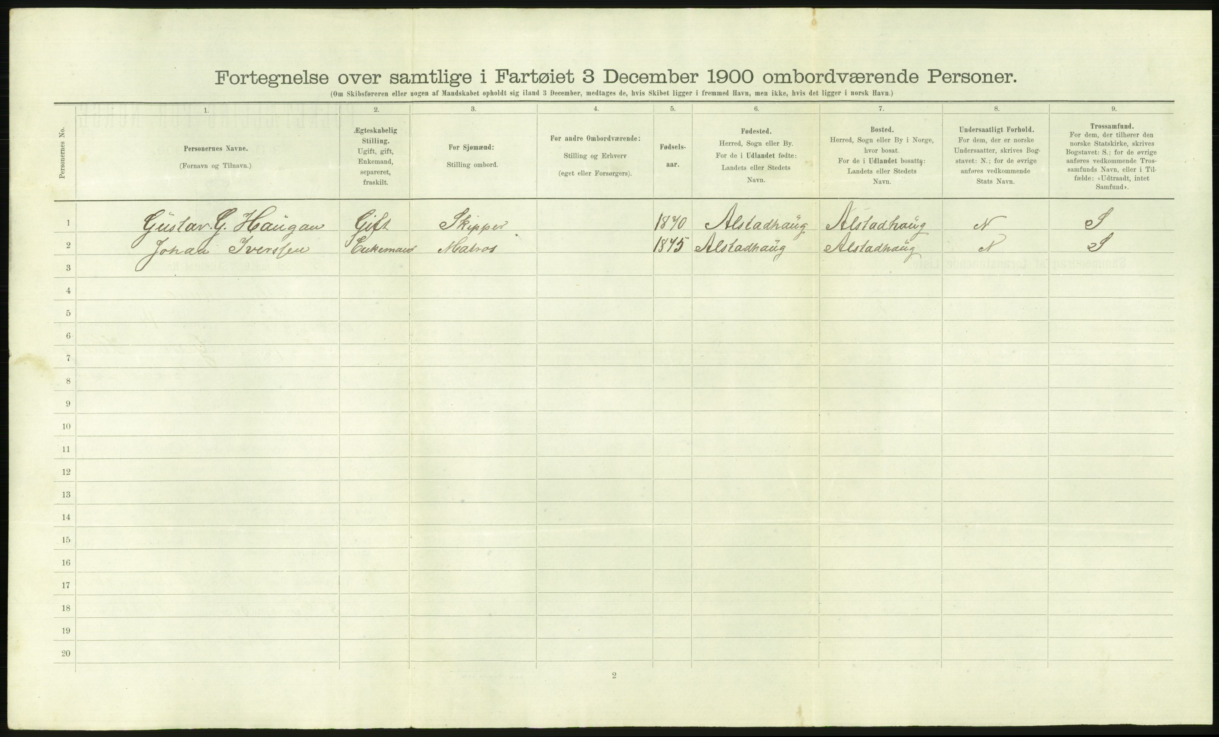 RA, 1900 Census - ship lists from ships in Norwegian harbours, harbours abroad and at sea, 1900, p. 2298