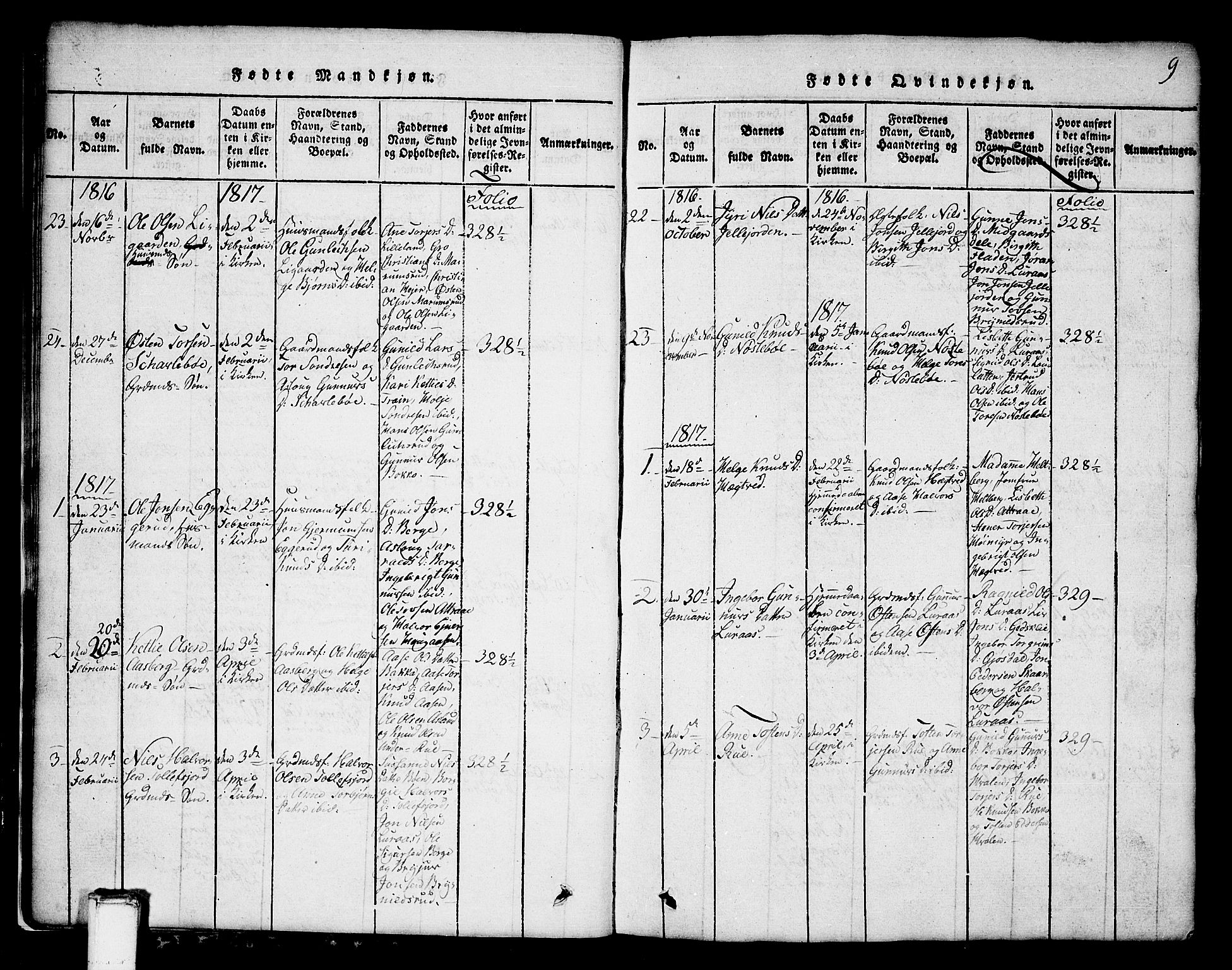 Tinn kirkebøker, SAKO/A-308/G/Ga/L0001: Parish register (copy) no. I 1, 1815-1850, p. 9