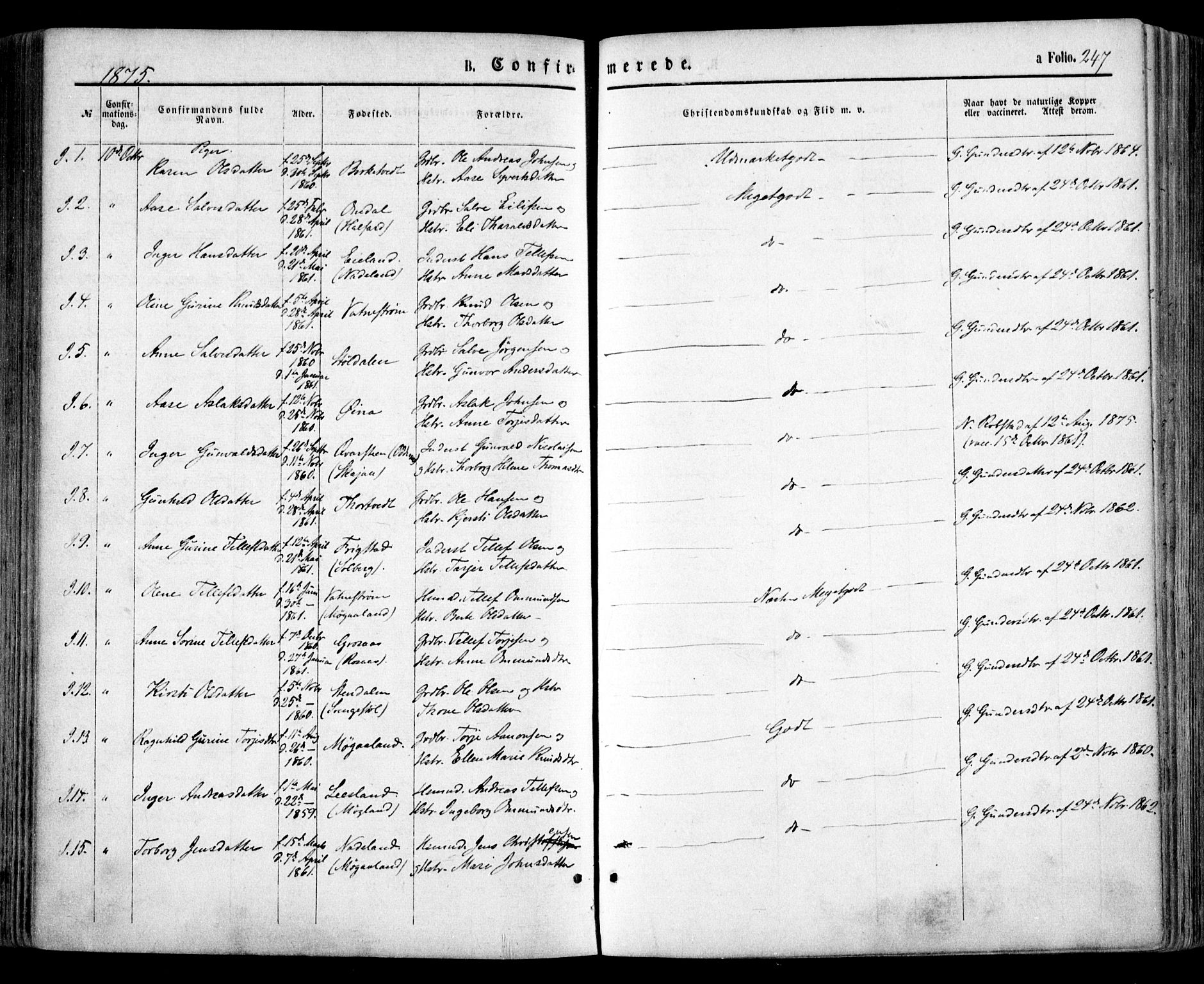 Evje sokneprestkontor, SAK/1111-0008/F/Fa/Faa/L0006: Parish register (official) no. A 6, 1866-1884, p. 247