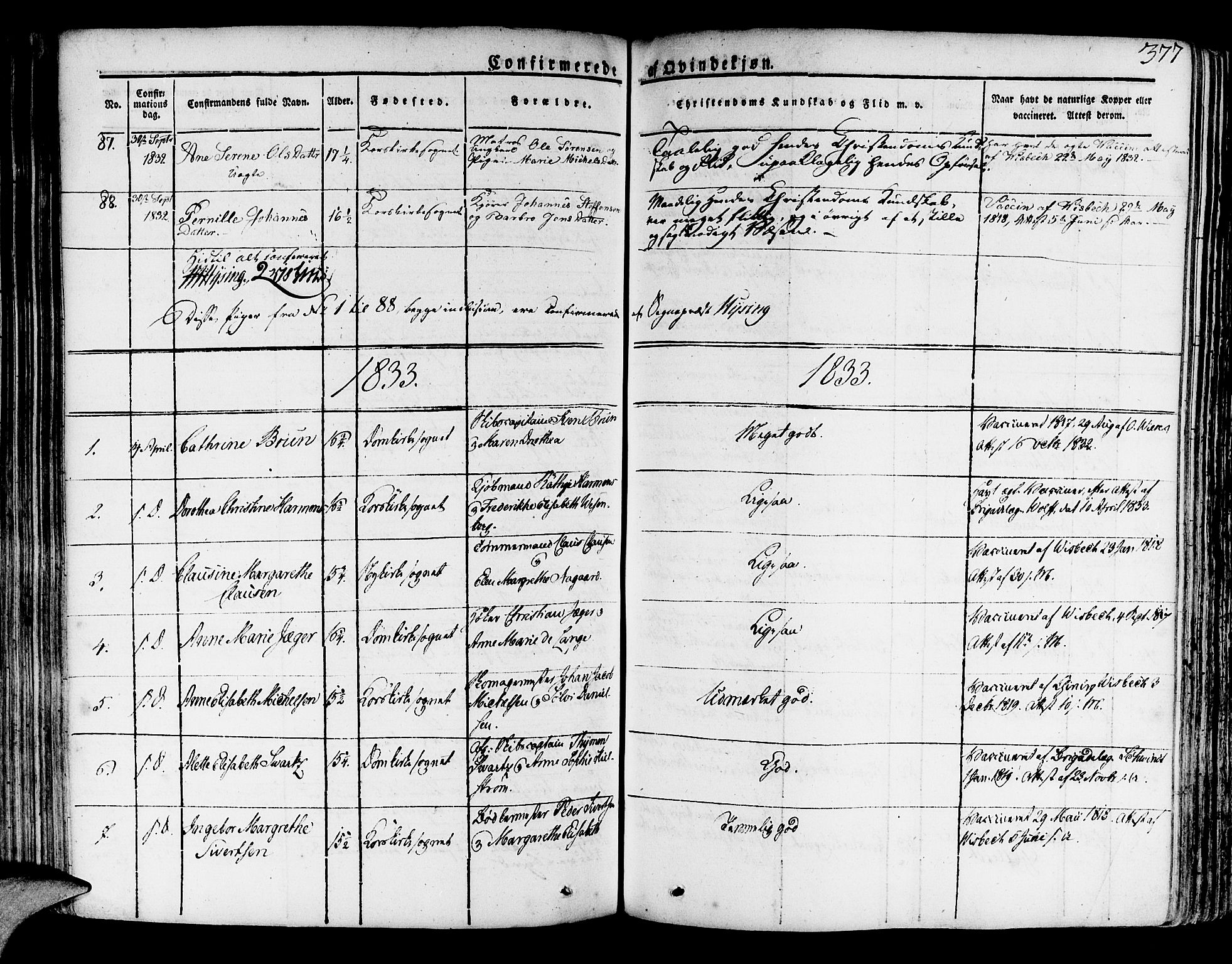Korskirken sokneprestembete, SAB/A-76101/H/Haa/L0014: Parish register (official) no. A 14, 1823-1835, p. 377