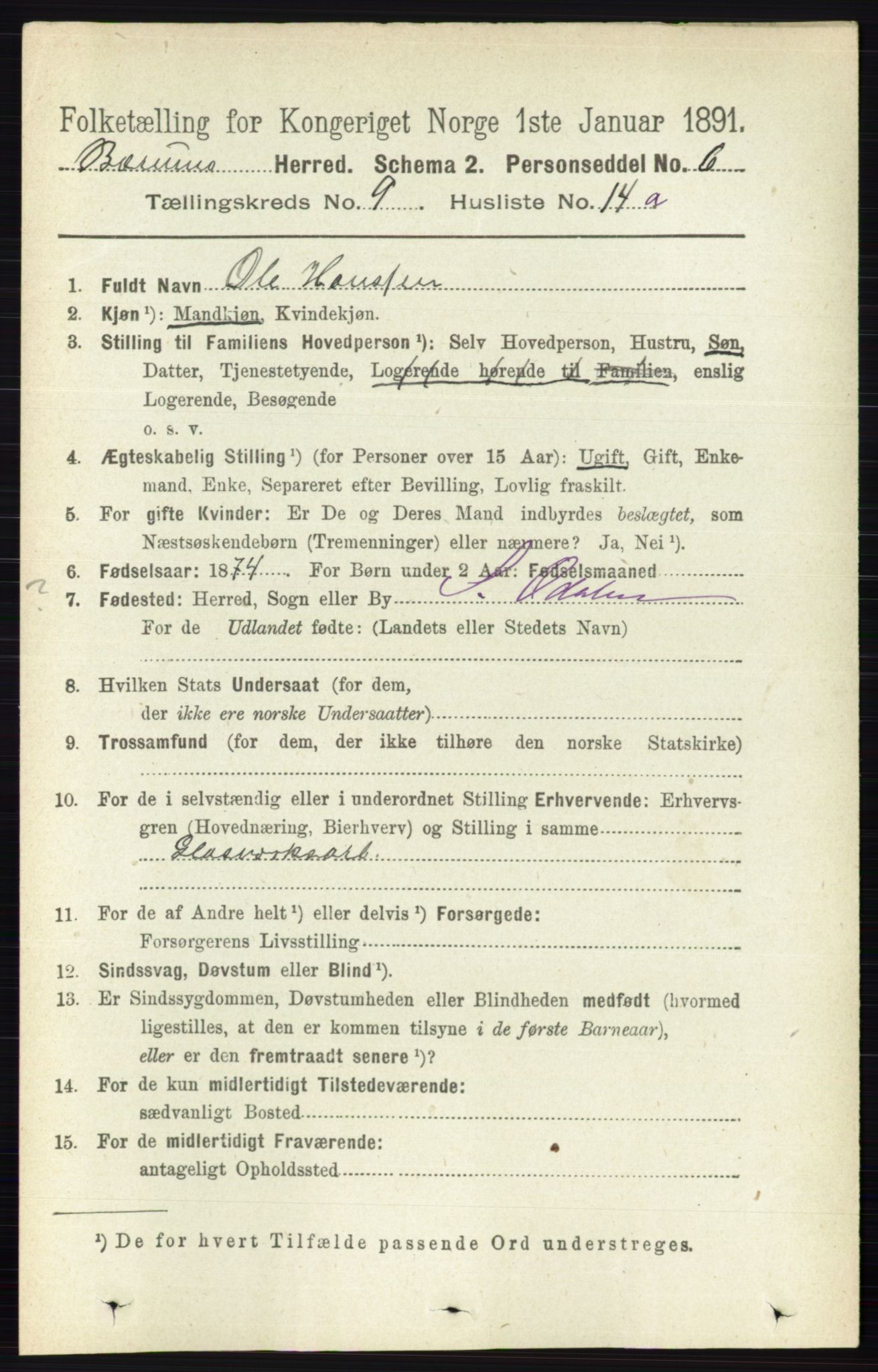 RA, 1891 census for 0219 Bærum, 1891, p. 5239