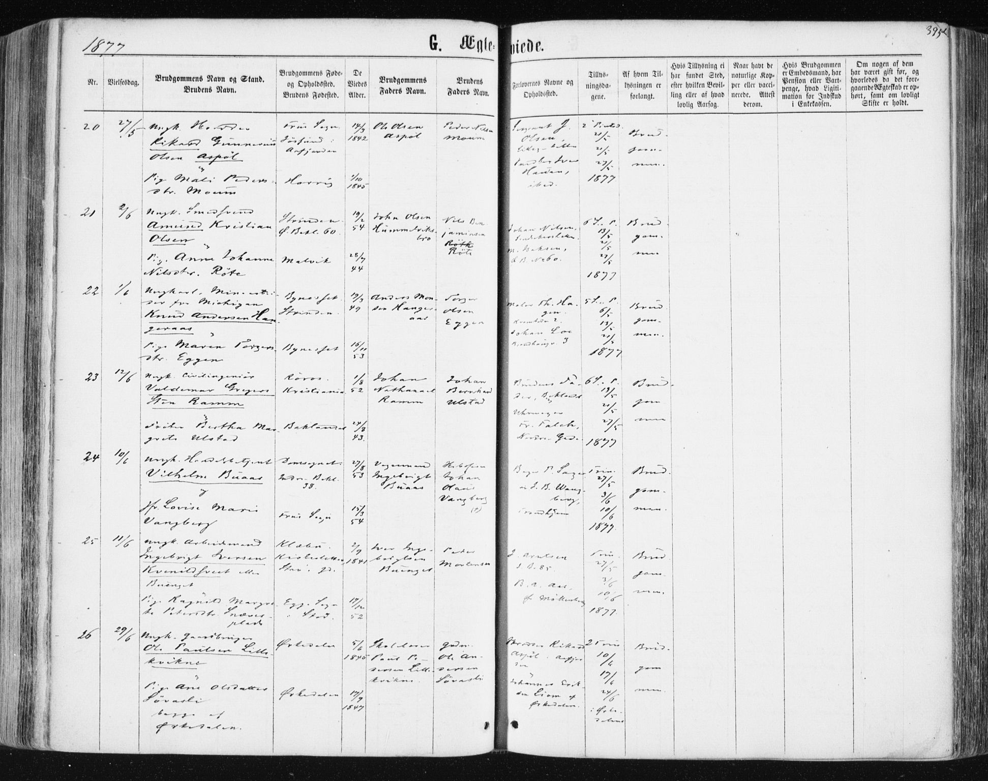 Ministerialprotokoller, klokkerbøker og fødselsregistre - Sør-Trøndelag, AV/SAT-A-1456/604/L0186: Parish register (official) no. 604A07, 1866-1877, p. 395