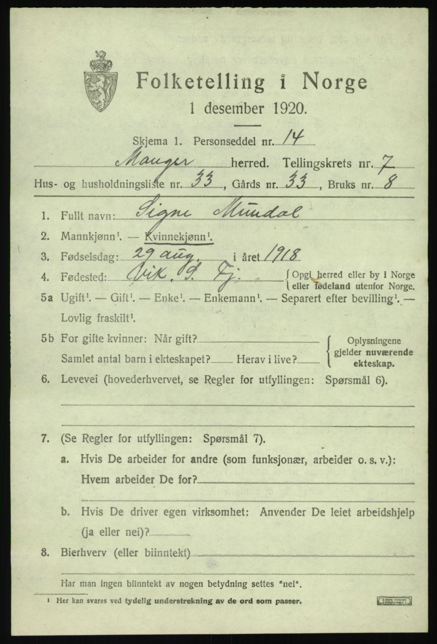 SAB, 1920 census for Manger, 1920, p. 4763