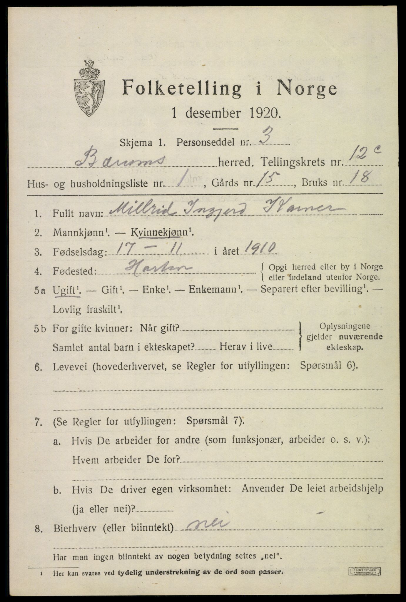 SAO, 1920 census for Bærum, 1920, p. 29388