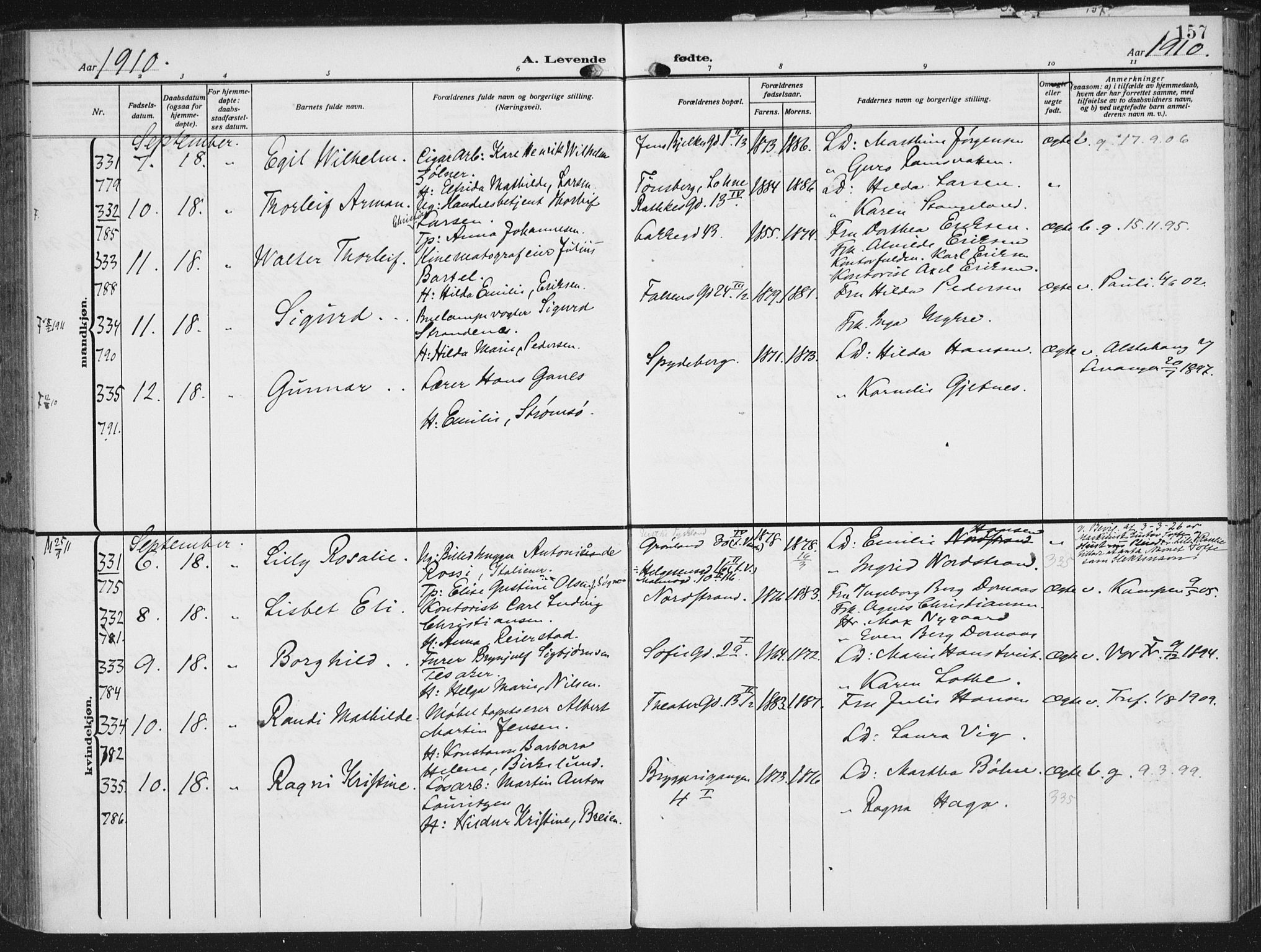 Rikshospitalet prestekontor Kirkebøker, SAO/A-10309b/F/L0014: Parish register (official) no. 14, 1909-1912, p. 157