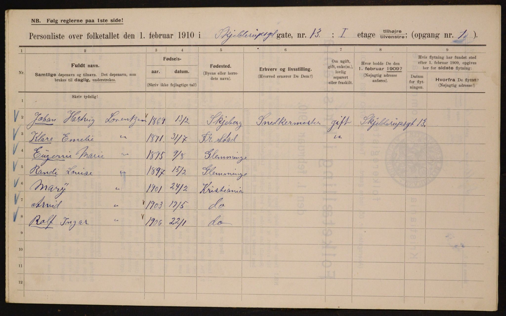 OBA, Municipal Census 1910 for Kristiania, 1910, p. 91396