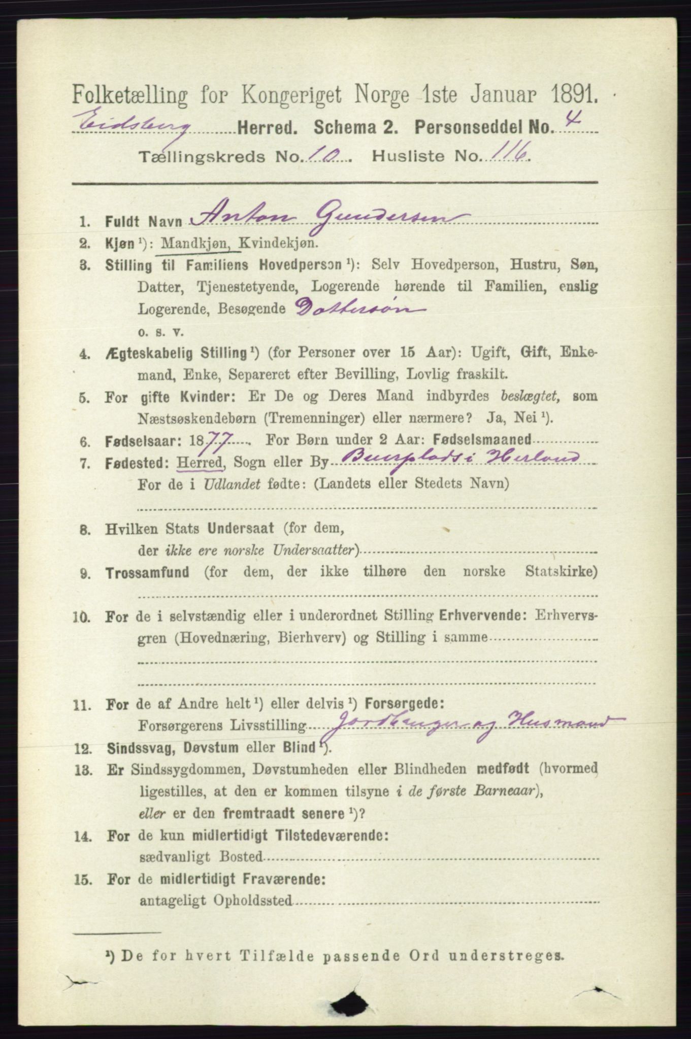 RA, 1891 census for 0125 Eidsberg, 1891, p. 6289