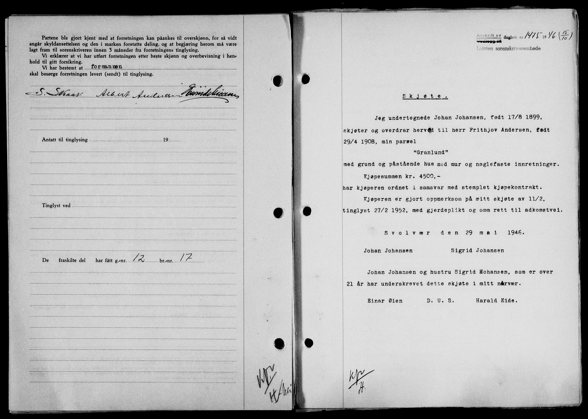 Lofoten sorenskriveri, SAT/A-0017/1/2/2C/L0014a: Mortgage book no. 14a, 1946-1946, Diary no: : 1475/1946