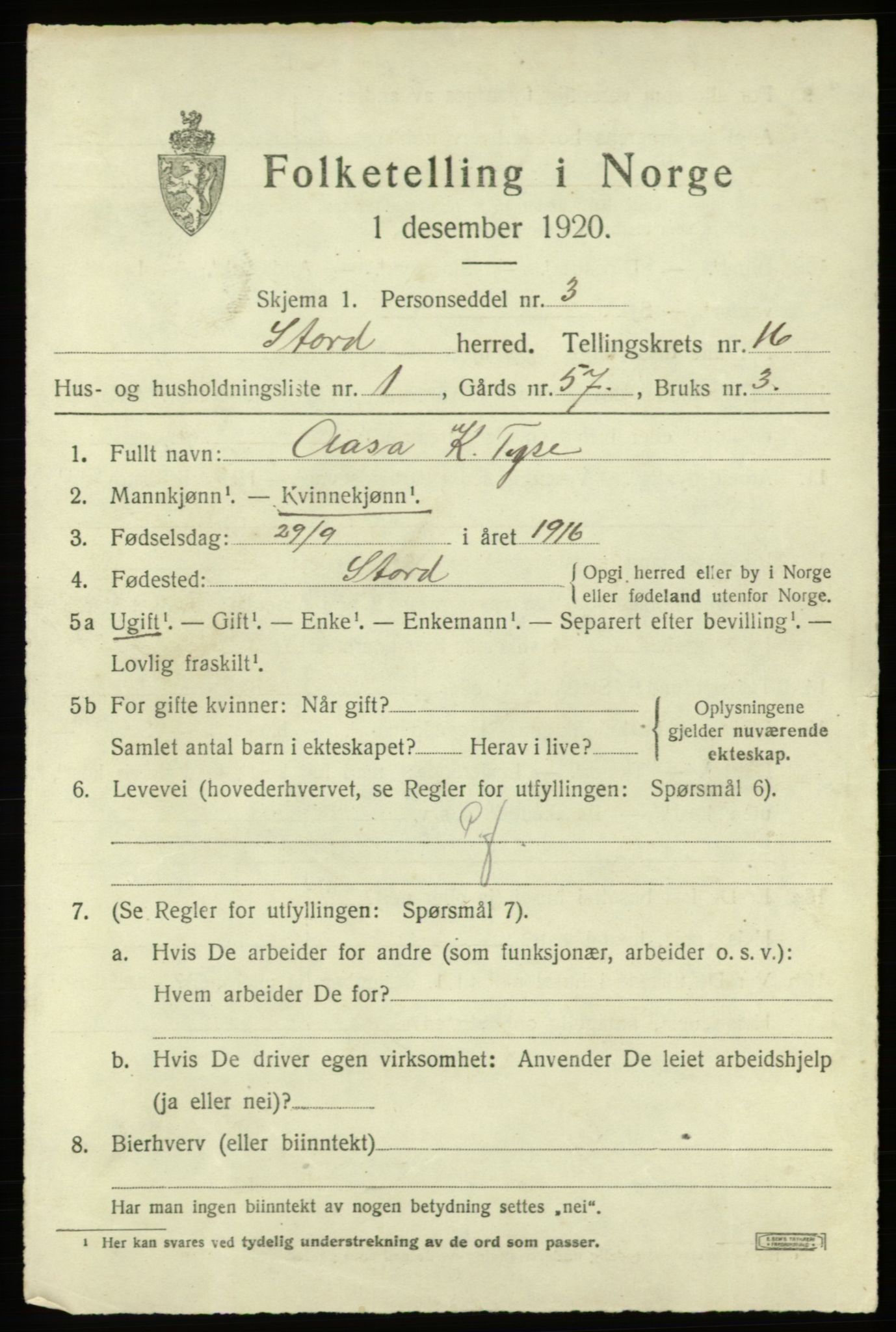 SAB, 1920 census for Stord, 1920, p. 8687