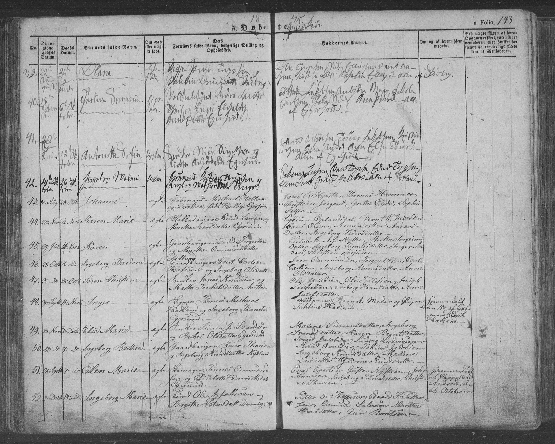 Eigersund sokneprestkontor, AV/SAST-A-101807/S08/L0009: Parish register (official) no. A 9, 1827-1850, p. 143